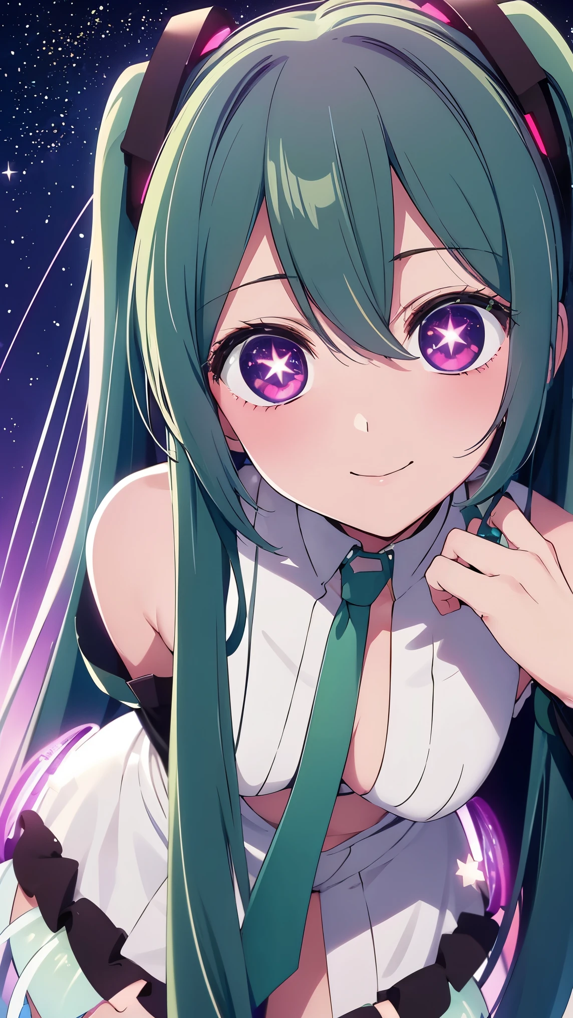 masterpiece, 最high quality, masterpiece, 8K quality, high quality, Green long hair(1.5), purple eyes(1.5),,,,,,, (violet eyes), (((stars in the eyes))), , , Ai Hoshino, (((green hair))), , , , sexy, full body(1.5), , , stars in the eyes，Hatsune Miku、Hatsune Miku costume(1.5)、、、、、、forehead、Ai Hoshino、Ai Hoshino&#39;s eyes、Ai Hoshino&#39;s face、smile、green hair、looking at the camera