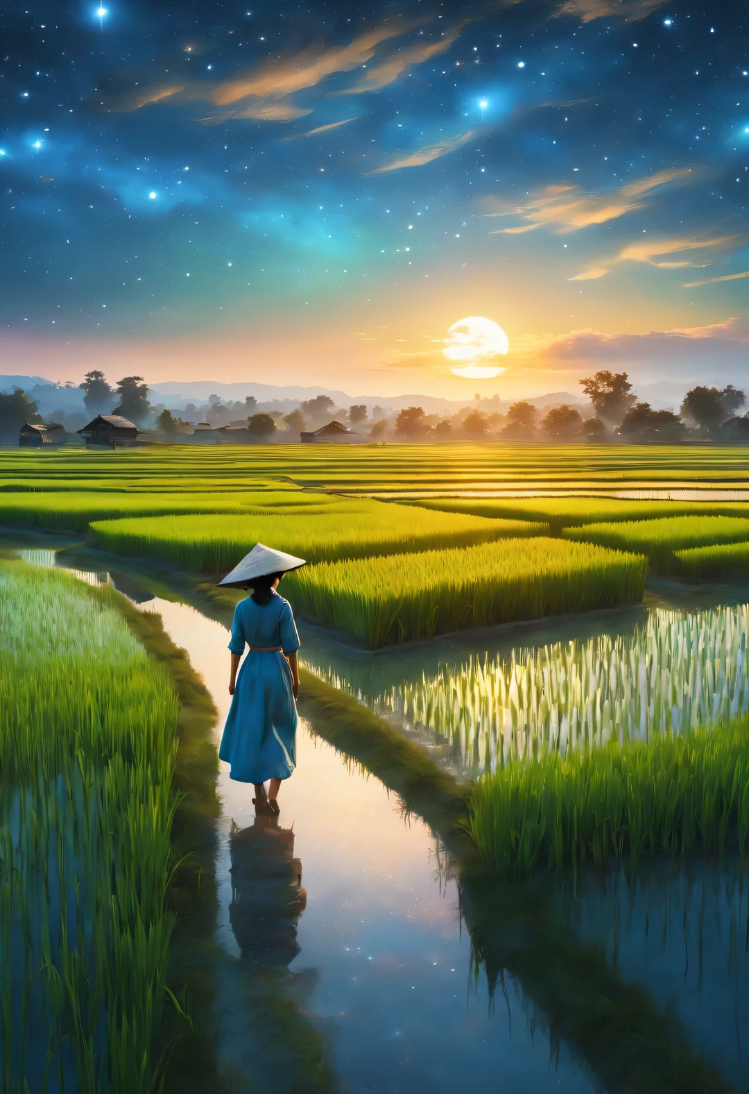 best quality, 4k, 8k, high level, masterpiece: 1.2, Super detailed, actual: 1.37, (Endless rice fields), a little girl ，double contact，blue sky, dreamy atmosphere, bright color palette, Vibrant shades, Impressionist brushstrokes, Subtle lighting effects ， sunset on the horizon, Peaceful and tranquil atmosphere, Harmony between nature and sky, textured brushstrokes, Abundant and vibrant crops, dusk atmosphere, Tranquil pastoral scenery, Glowing stars light up the night, creating a Peaceful and tranquil atmosphere, Peaceful and picturesque setting, Inspired by the style and techniques of Van Gogh. Sublime and atmospheric depiction, ethereal beauty, and fascinating celestial phenomena,