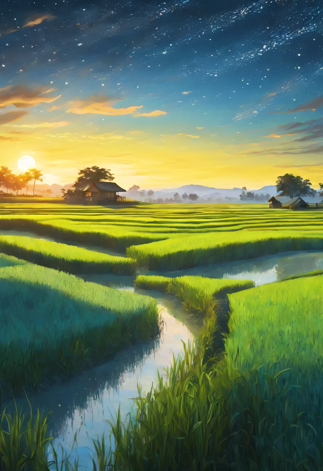 best quality, 4k, 8k, high level, masterpiece: 1.2, Super detailed, actual: 1.37, (Endless rice fields), a *********** ，double contact，blue sky, dreamy atmosphere, bright color palette, Vibrant shades, Impressionist brushstrokes, Subtle lighting effects ， sunset on the horizon, Peaceful and tranquil atmosphere, Harmony between nature and sky, textured brushstrokes, Abundant and vibrant crops, dusk atmosphere, Tranquil pastoral scenery, Glowing stars light up the night, creating a Peaceful and tranquil atmosphere, Peaceful and picturesque setting, Inspired by the style and techniques of Van Gogh. Sublime and atmospheric depiction, ethereal beauty, and fascinating celestial phenomena,