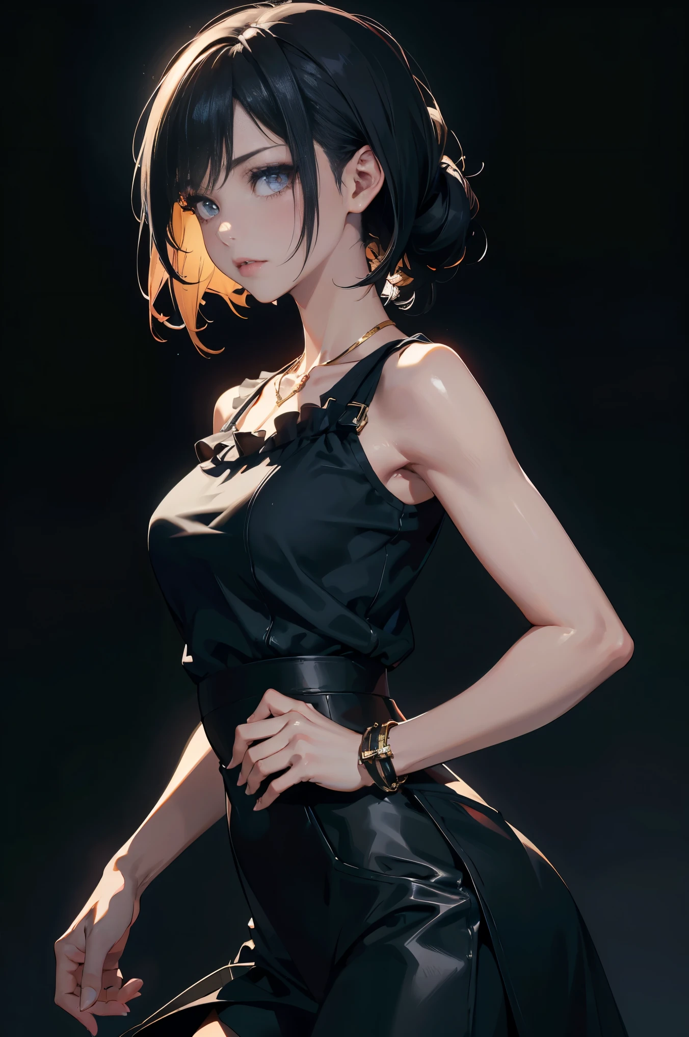 a 20 yo woman、Black blue Hair、poneyTail、(hi-top fade:1.3)、dark themed、Muted Tones、Subdued Color、highly contrast、(natural skin textures、Hyper-Realism、Soft light、sharp)、makeup, mascara, Lips are subdued or colors, simple black background, Minimalism, monotone, simple color palettes, Clean, sharp designs, flowing silhouettes, Tight skirts and pants, high-waisted skirts and pants, simple dresses, shirts and blouses, asymmetrical, geometric, Elegant and luxurious materials and designs, Simple, minimal accessories, Slim necklaces and rings in silver or gold, Simple bangles, Distinctive designs, simple silhouettes, simple and sophisticated style, elegance, minimalism, high quality materials, cool and urban impression, high fashion, simplicity and sophistication,