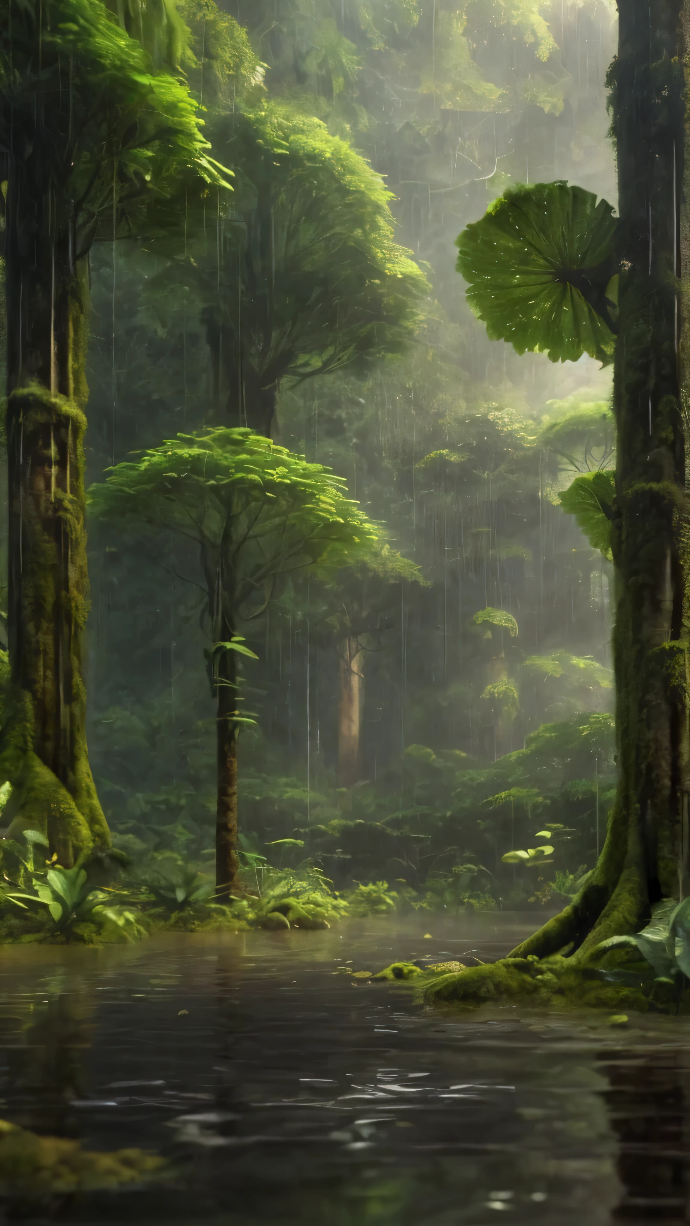there is a picture of a forest with a stream and trees, lush rain forest, environmental concept art, wet lush jungle landscape, jungle landscape, fantasy jungle, lush rainforest, beautiful jungle, eerie jungle, jungle environment, lush forest landscape, rainforest, deep jungle from another world, lush forest, background jungle, forest environment, ancient forest, endor forest, dense jungle