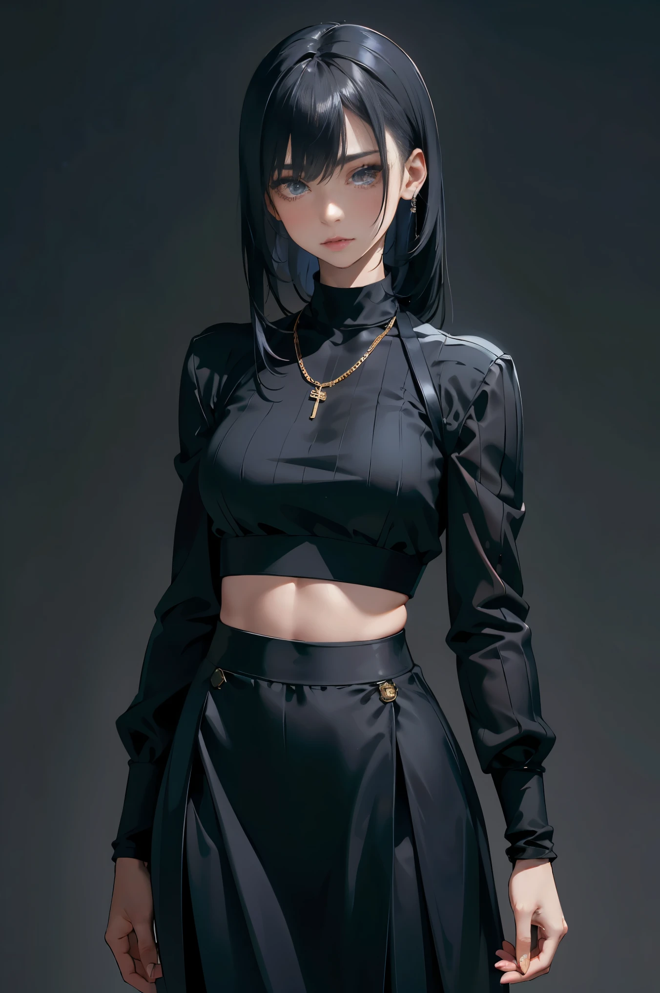 a 20 yo woman、Black blue Hair、poneyTail、(hi-top fade:1.3)、dark themed、Muted Tones、Subdued Color、highly contrast、(natural skin textures、Hyper-Realism、Soft light、sharp)、makeup, mascara, Lips are subdued or colors, simple black background, Minimalism, monotone, simple color palettes, Clean, sharp designs, flowing silhouettes, Tight skirts and pants, high-waisted skirts and pants, simple dresses, shirts and blouses, asymmetrical, geometric, Elegant and luxurious materials and designs, Simple, minimal accessories, Slim necklaces and rings in silver or gold, Simple bangles, Distinctive designs, simple silhouettes, simple and sophisticated style, elegance, minimalism, high quality materials, cool and urban impression, high fashion, simplicity and sophistication,