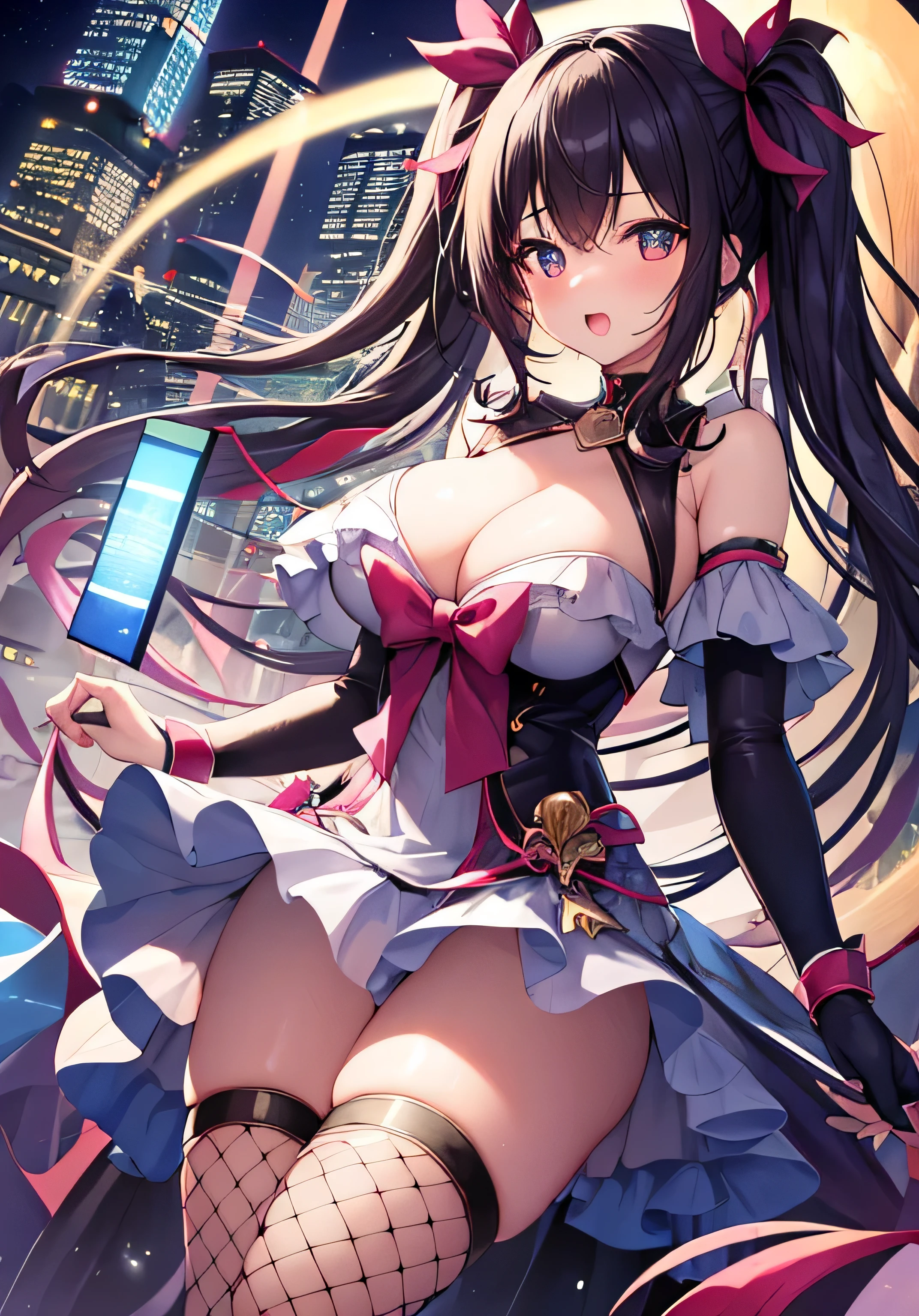 masterpiece、best image quality、ultra high resolution、age girl with big breasts、twin tail hairstyle、black hair、hair ribbon、red face、shyly、mock、Open your mouth just a little、Magical girl costume that shows cleavage、magical girl miniskirt、magical girl knee high socks、skyscrapers at night、at night