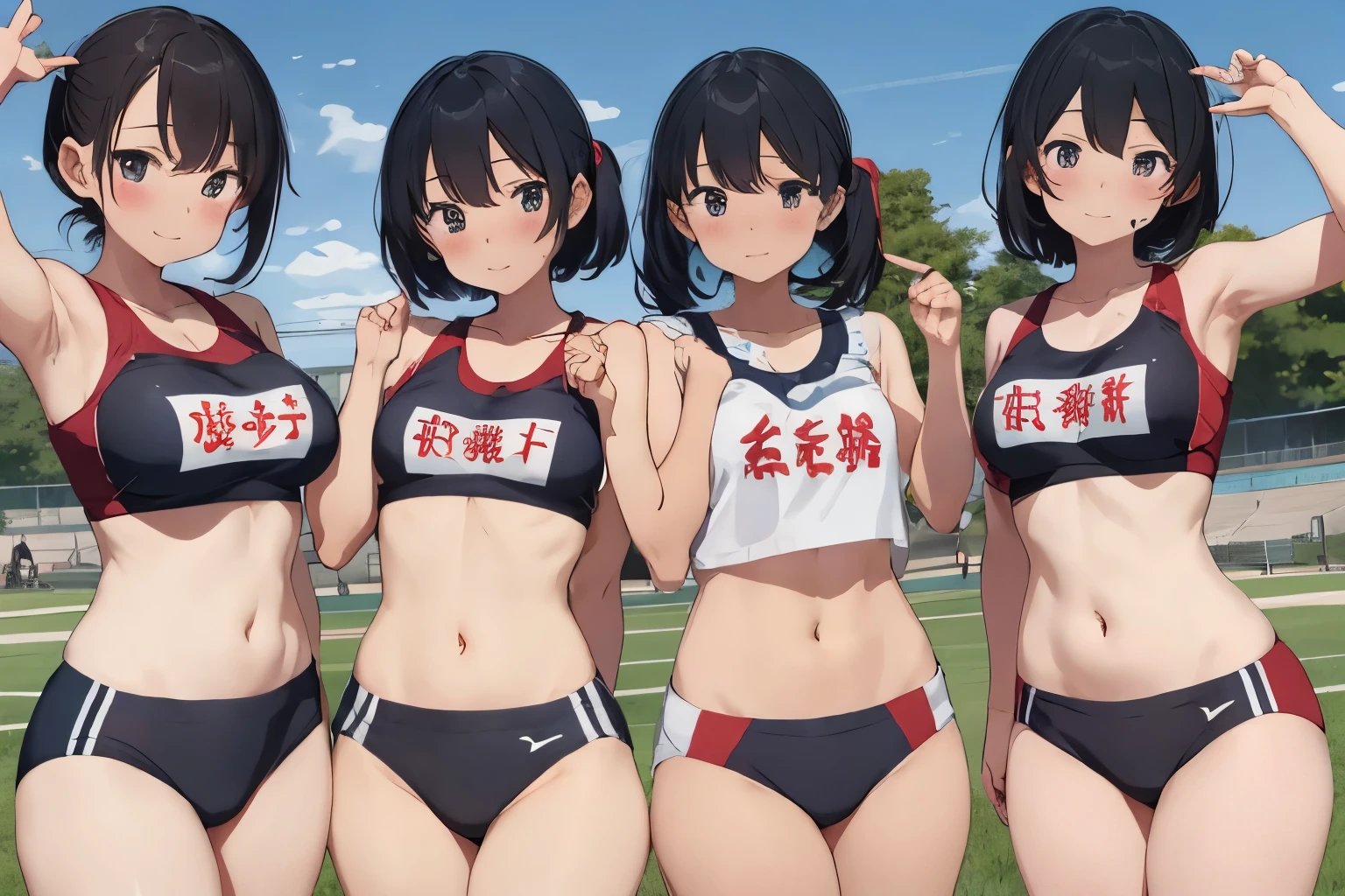 incredibly cute girl, rikujou, multiple girl star pieceaster piece, highest quality)), 15 years old, Big breasts that are about to burst, small breasts, Group photo