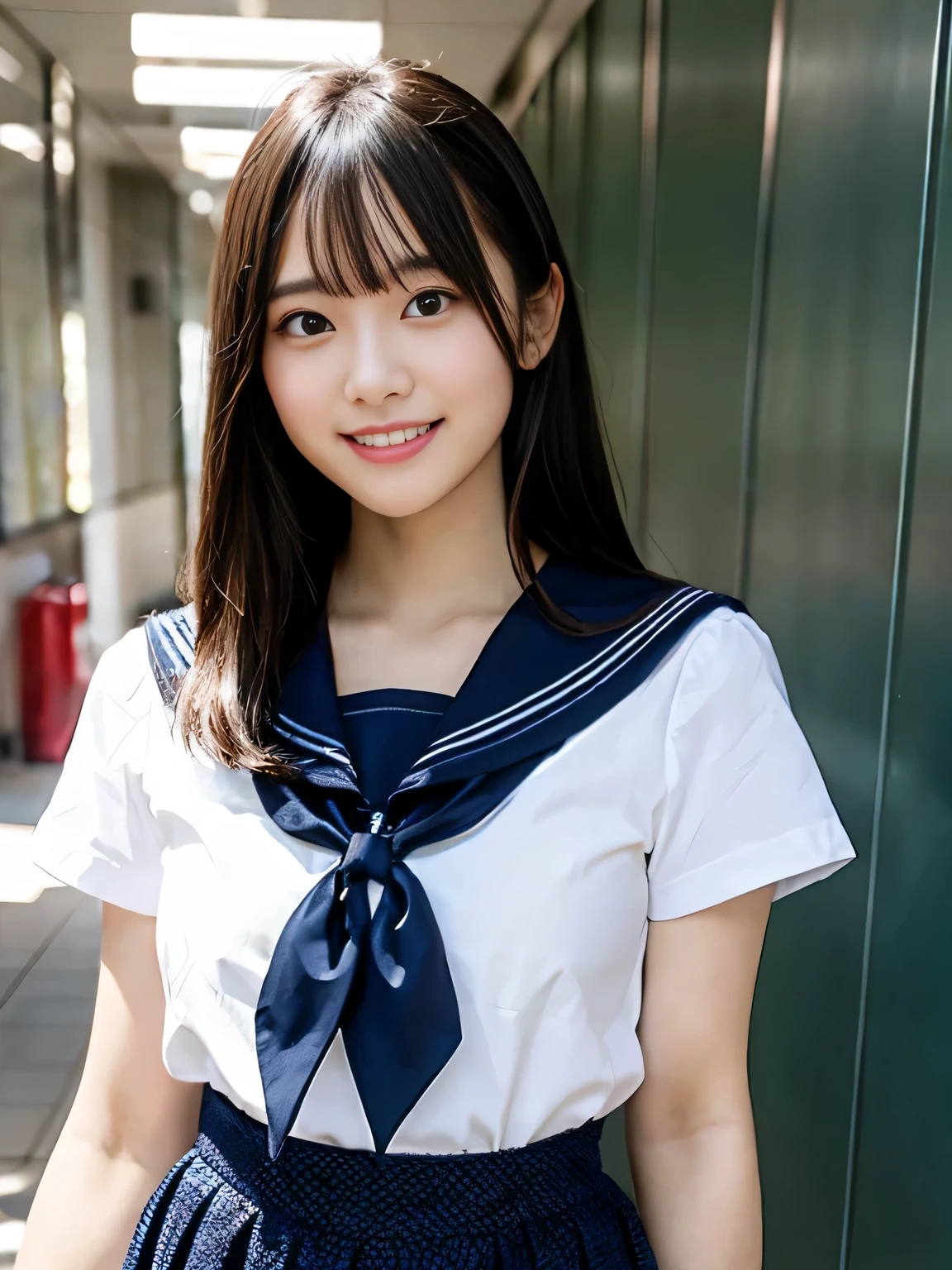super highest quality, Japanese, genuine、open your mouth and smile, small face、dark makeup、eyeliner、Mr..々hairstyle, girl, , whole body, Many students in the background、high school,sailor suit、navy blue skirt, daytime,Shot in the hallway of a school、enjoy、jump up and down、cute, beauty, big breasts、