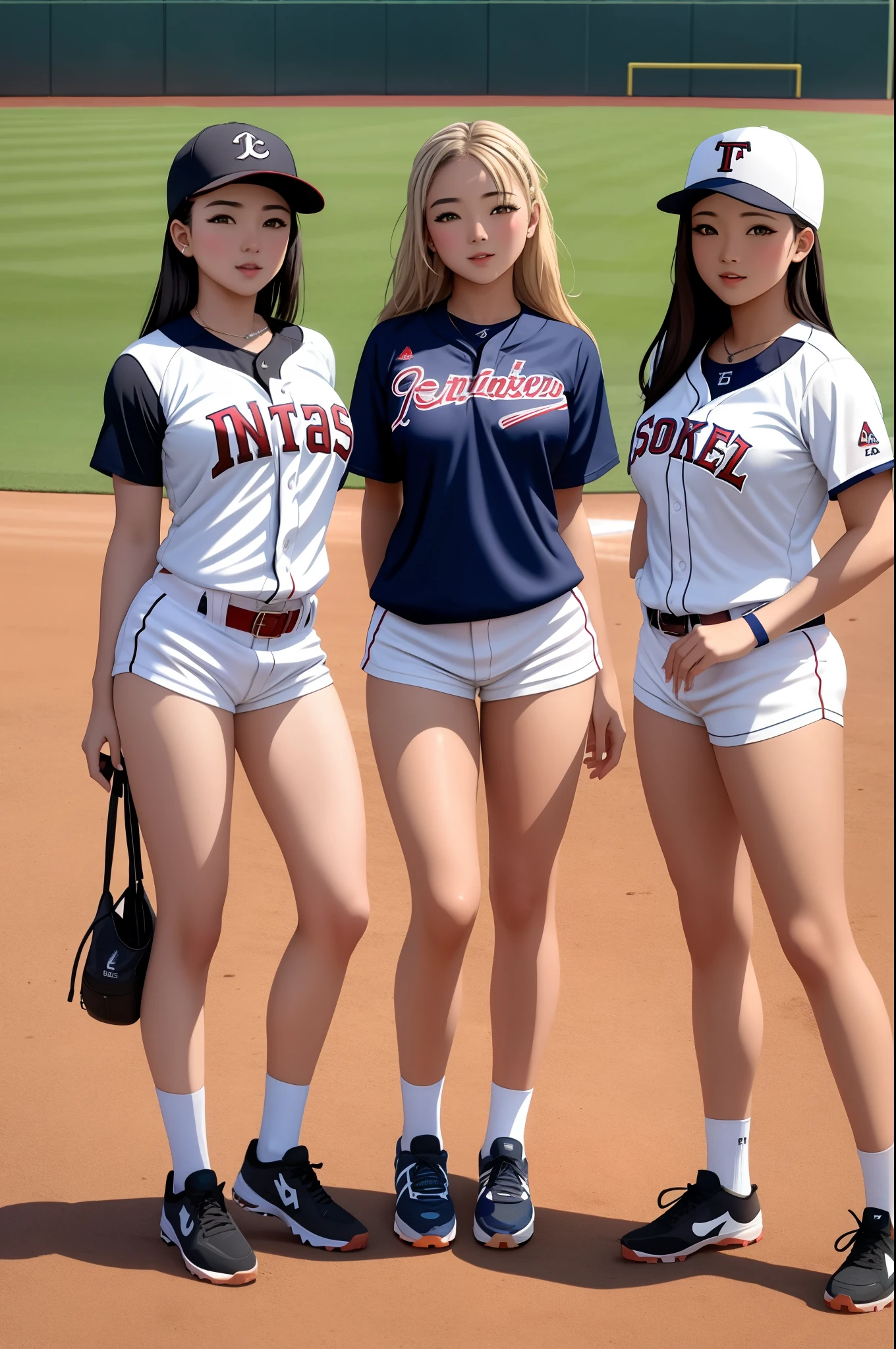 (masterpiece), best quality, expressive eyes, perfect face, 3 girls in baseball jerseys and pantless on the baseball field, nude below the waist, full body., 