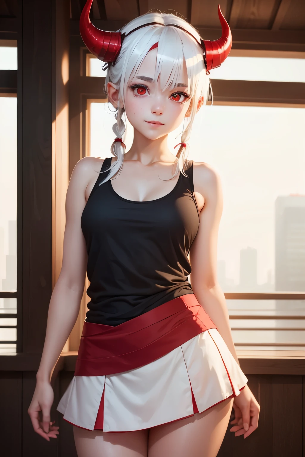 girl, white hair tied, horns, red eyes, red cheeks, slight smile, tank top, very, very short skirt