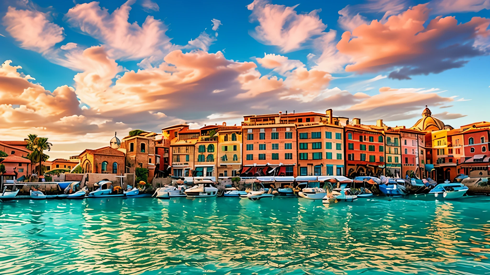 There are many boats anchored in the water, italian mediterranean city, シャッターstock, mediterranean city, Waterfront House, Seen from the port, nice, victoria, View from the sea, stock, Written by Tom Wenerstrand, beautiful high resolution, Southern European landscape, building along a river, surround the city, sensational, At the waterside, wonderful