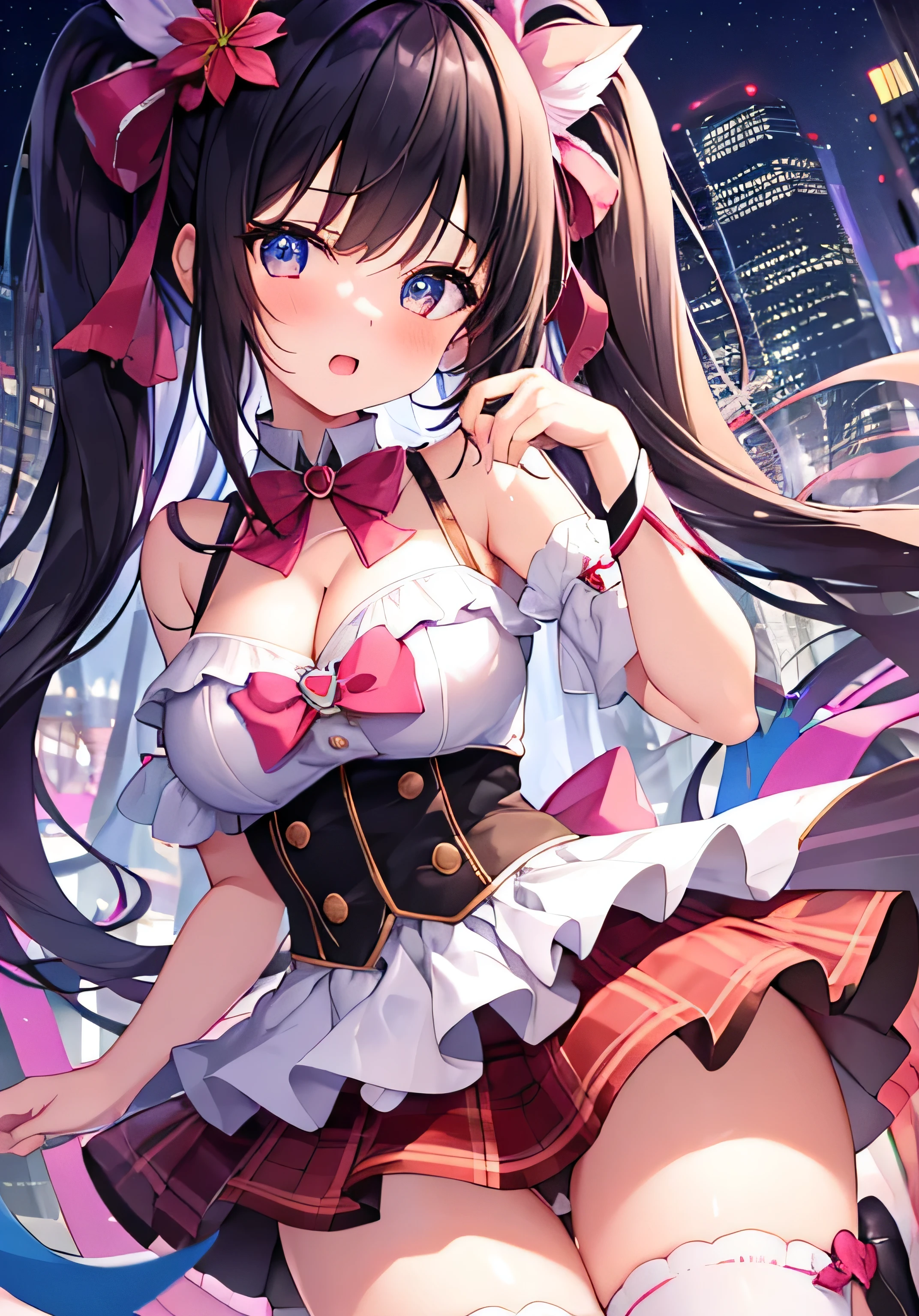 masterpiece、best image quality、ultra high resolution、 girl with big breasts、twin tail hairstyle、black hair、hair ribbon、red face、shyly、mock、Open your mouth just a little、Magical girl costume that shows cleavage、magical girl miniskirt、magical girl knee high socks、skyscrapers at night、at night