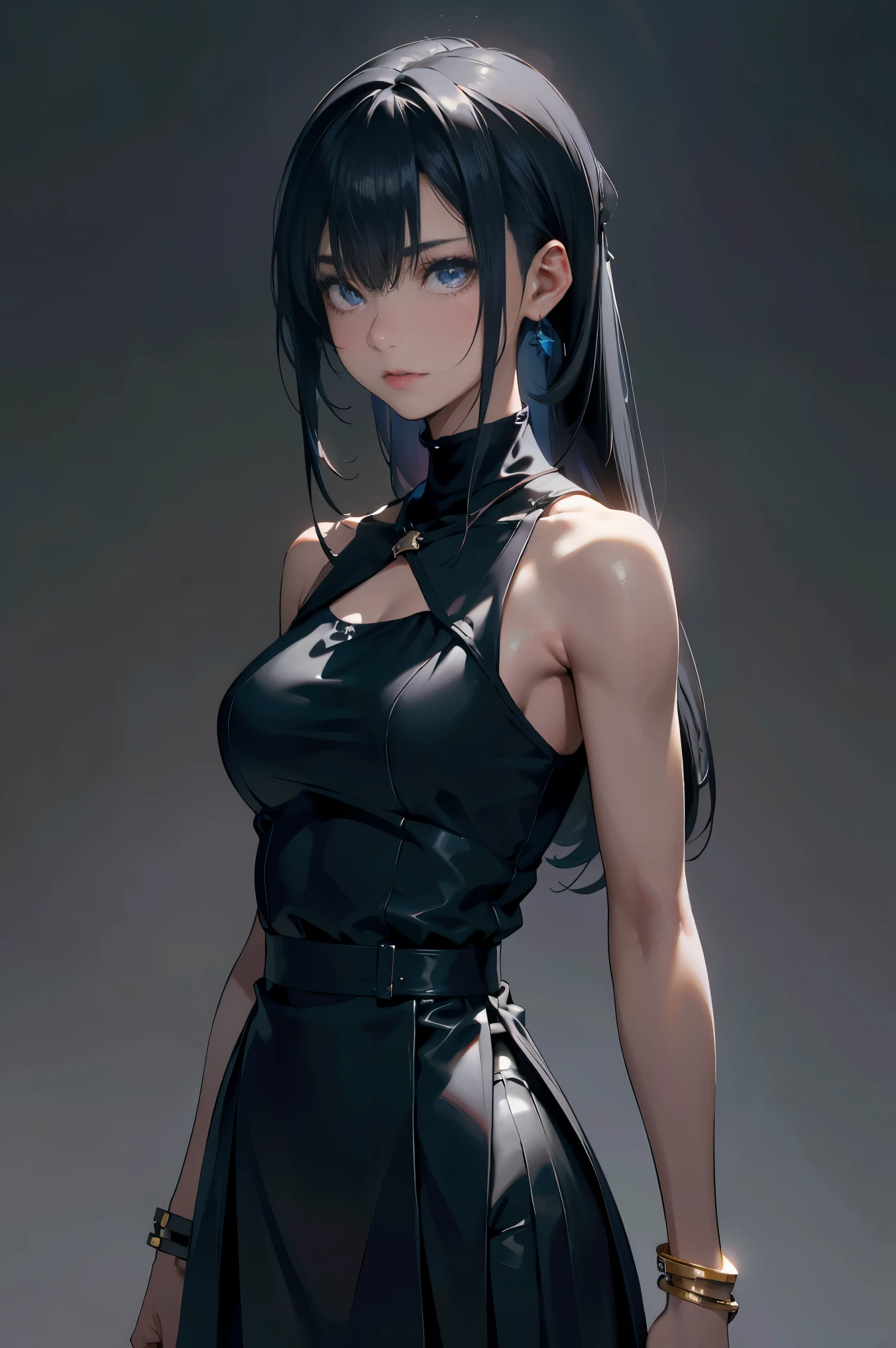 a 20 yo woman、Black blue Hair、poneyTail、(hi-top fade:1.3)、dark themed、Muted Tones、Subdued Color、highly contrast、(natural skin textures、Hyper-Realism、Soft light、sharp)、makeup, mascara, Lips are subdued or colors, simple black background, Minimalism, monotone, simple color palettes, Clean, sharp designs, flowing silhouettes, Tight skirts and pants, high-waisted skirts and pants, simple dresses, shirts and blouses, asymmetrical, geometric, Elegant and luxurious materials and designs, Simple, minimal accessories, Slim necklaces and rings in silver or gold, Simple bangles, Distinctive designs, simple silhouettes, simple and sophisticated style, elegance, minimalism, high quality materials, cool and urban impression, high fashion, simplicity and sophistication,