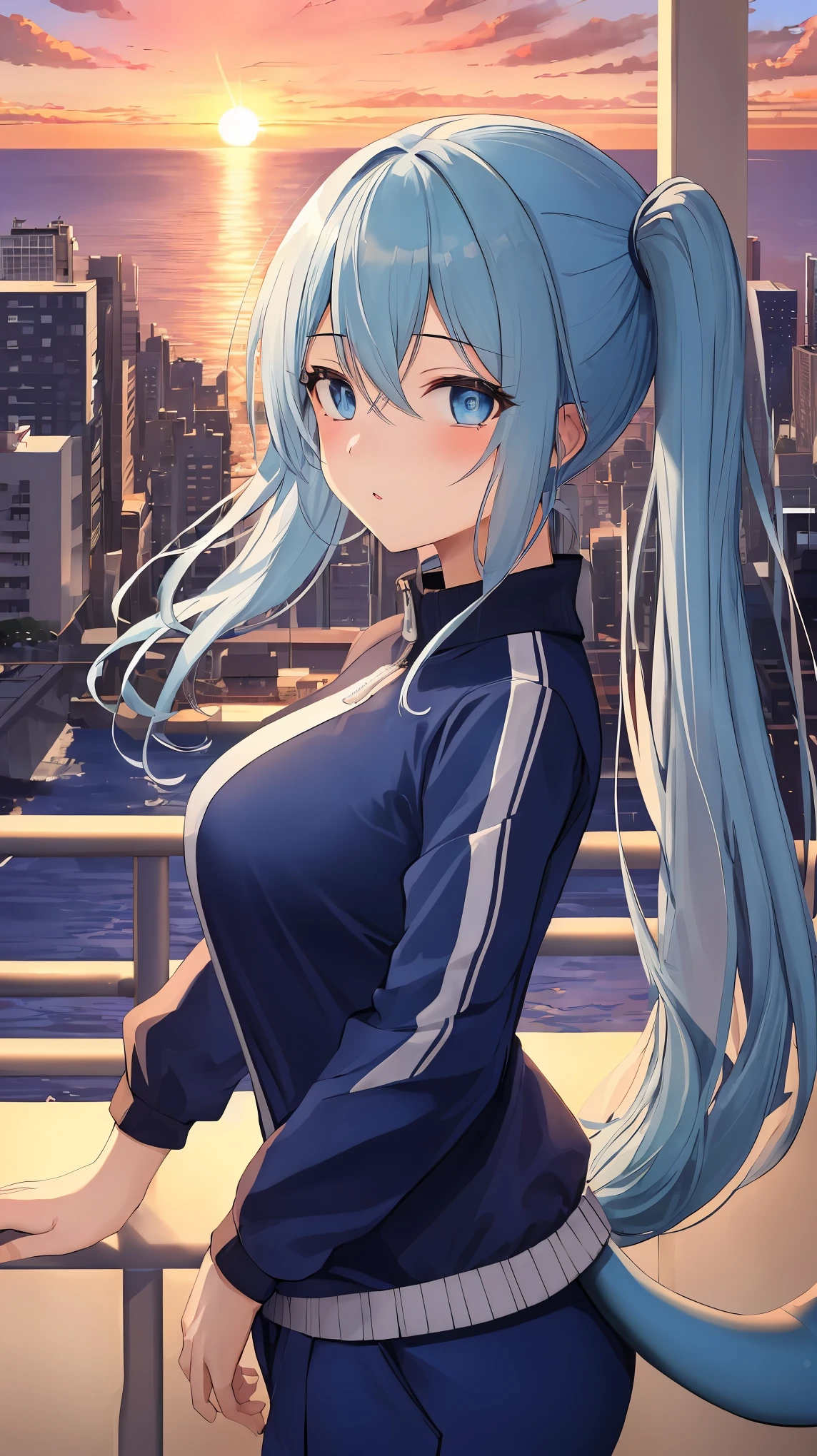 (masterpiece), best quality, expressive eyes, perfect face, 1girl with dolphin tail, long hair, ocean blue hair, ocean blue eyes, blue tracksuit, city, sunset, beautiful view, aesthetic