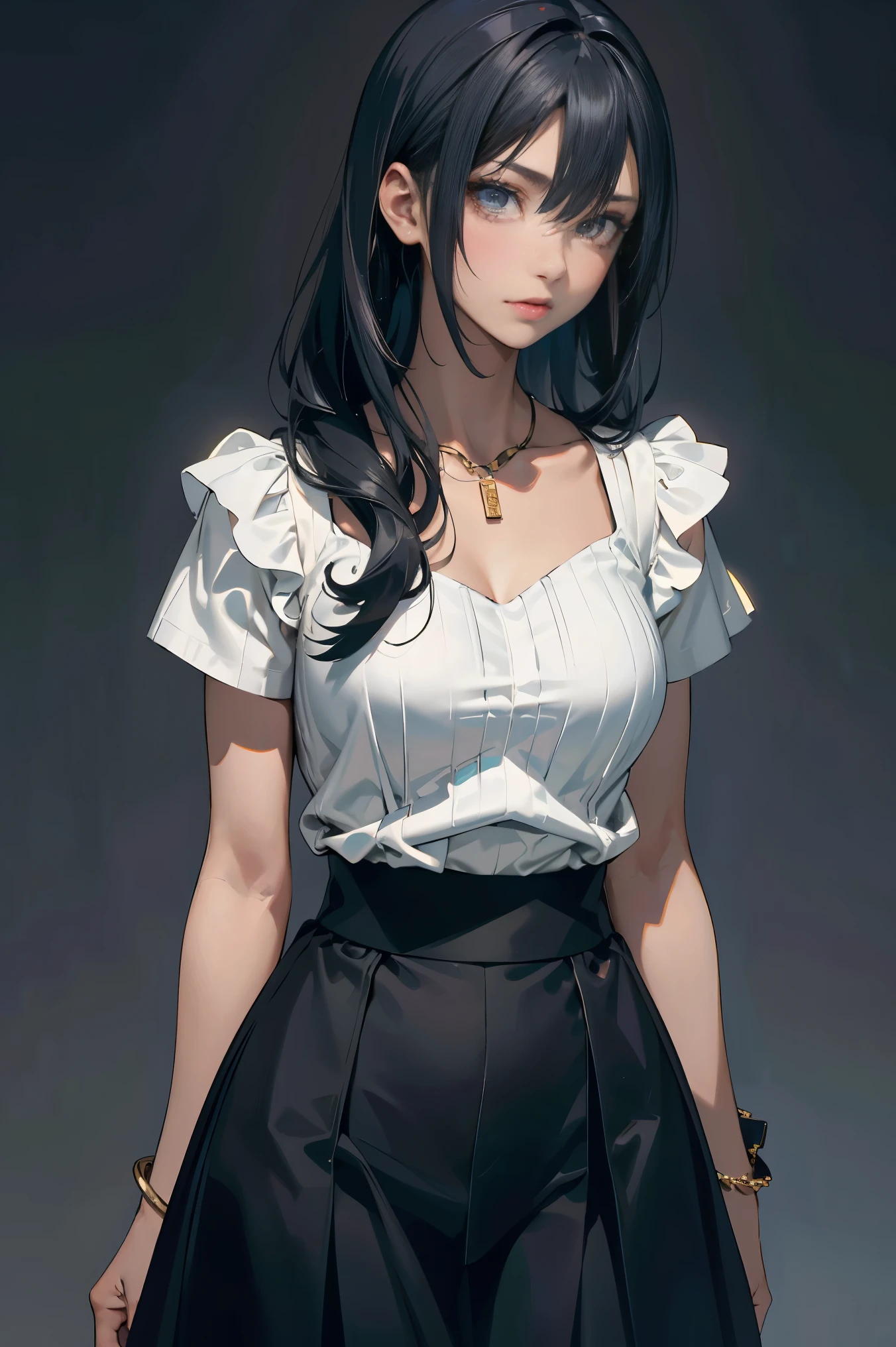 a 20 yo woman、Black blue Hair、poneyTail、(hi-top fade:1.3)、dark themed、Muted Tones、Subdued Color、highly contrast、(natural skin textures、Hyper-Realism、Soft light、sharp)、makeup, mascara, Lips are subdued or colors, simple black background, Minimalism, monotone, simple color palettes, Clean, sharp designs, flowing silhouettes, Tight skirts and pants, high-waisted skirts and pants, simple dresses, shirts and blouses, asymmetrical, geometric, Elegant and luxurious materials and designs, Simple, minimal accessories, Slim necklaces and rings in silver or gold, Simple bangles, Distinctive designs, simple silhouettes, simple and sophisticated style, elegance, minimalism, high quality materials, cool and urban impression, high fashion, simplicity and sophistication,