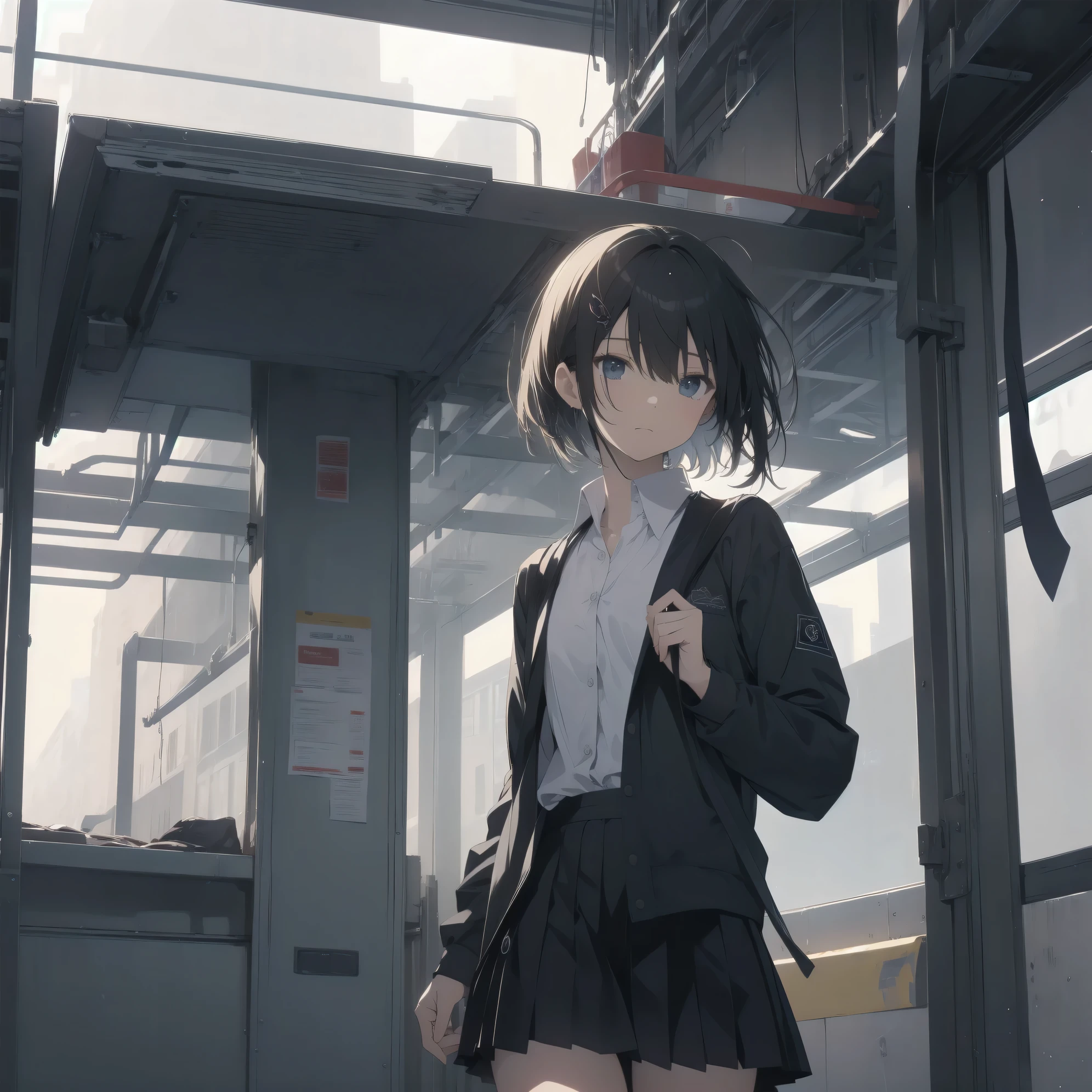 Super absurd quality by the god of art, super detailed, High resolution, anime moe art style, Best Anime 8K Kona-chan Wallpaper, pixiv contest winner, perfect anatomy, break,(眠そうにalone学校へ行く女の子を描いてください. )break,1 girl, (alone,little woman, baby face, 13 years old:1.3),All limbs, full finger,, The charm of an immature body, (very_short hair), bangs, flat chest, Small Bodysuits, small ass, between legs, small black eyes, detailed and beautiful eyes, Well-proportioned iris and pupils, expressive eyes, sleepy eyes, High resolutionの詳細な髪, hair ornaments, skirt, collared shirt, pleated skirt, school uniform, school bag,(detailed lighting), (detailed background), On the way to school. break,super dense skin, Best movie lighting by famous artists, 8k,cute illustration,photoshop_(Moderate),Absurd Hi-Res,Hmm,rough skin
