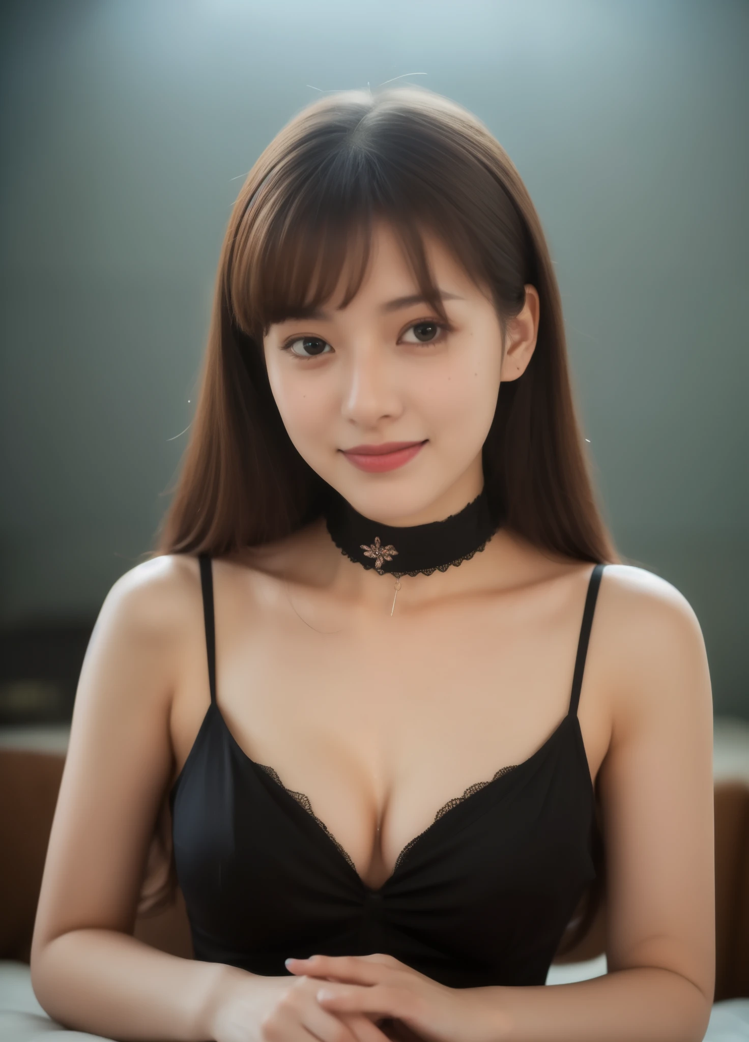 Beautiful 20 years old woman。she is wearing a satin fabric camisole and wearing a choker around the neck 。She looks ecstatic as if she had an orgasm during sex..。her dark brown hair。 High resolution、masterpiece、highest quality、Head w:1.0、((Hasselblad Photos))、fine skin、fine knit、(movie lighting)、clavicle .