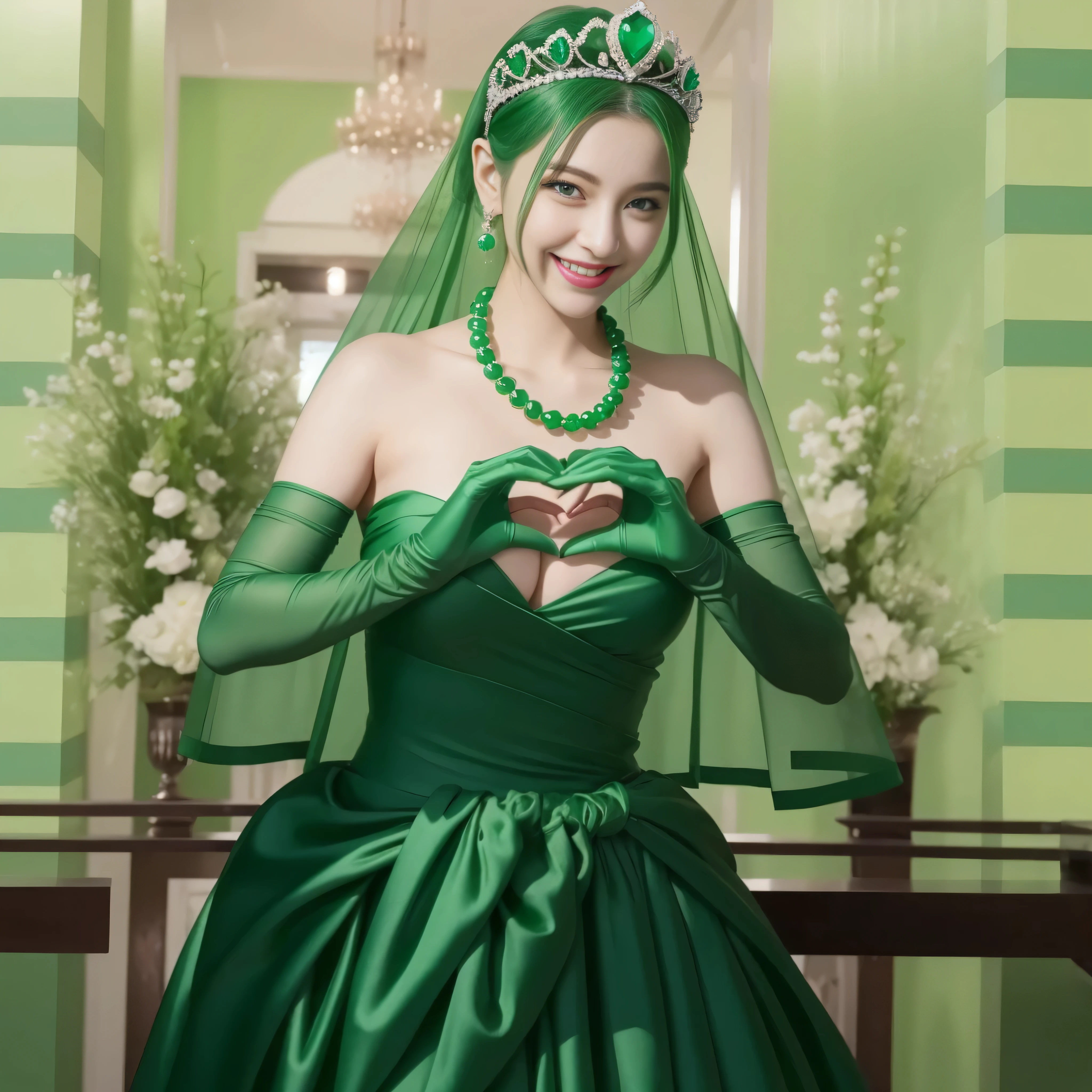 emerald tiara, Green Pearl Necklace, ボーイッシュな非常に短いgreen hair, lipstick, smiling Japanese woman, very short hair, beauty of big breasts, green eyes, green satin long gloves, green eyes, emerald earrings, Green veil, Heart with both hands, green hair, beautiful japanese woman, heart shaped hands:1.3, green lip gloss