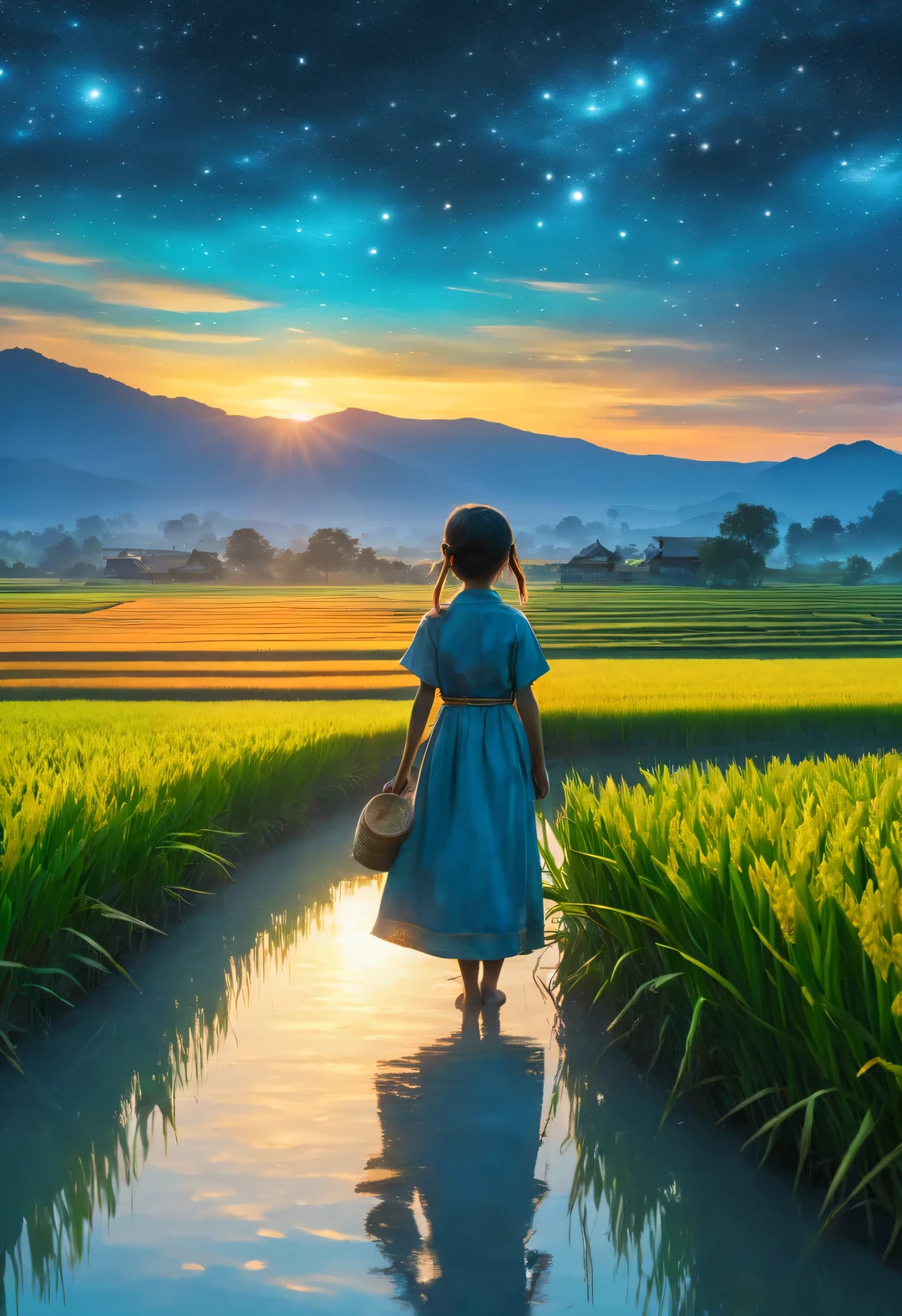 best quality, 8k, High quality, masterpiece: 1.2, Super fine, realism: 1.37, double exposure,
(Endless rice fields and a little girl), blue sky, dreamy atmosphere, bright color palette, Vibrant shades, Impressionist brushstrokes, Subtle lighting effects, sunset on the horizon, Harmony between nature and sky, textured brushstrokes, Abundant and vibrant crops, dusk atmosphere, Tranquil pastoral scenery, Shining stars light up the night, create tranquility、Picturesque setting, Inspired by the style and techniques of Van Gogh. Sublime and atmospheric depiction, ethereal beauty, Fascinating celestial phenomenon,