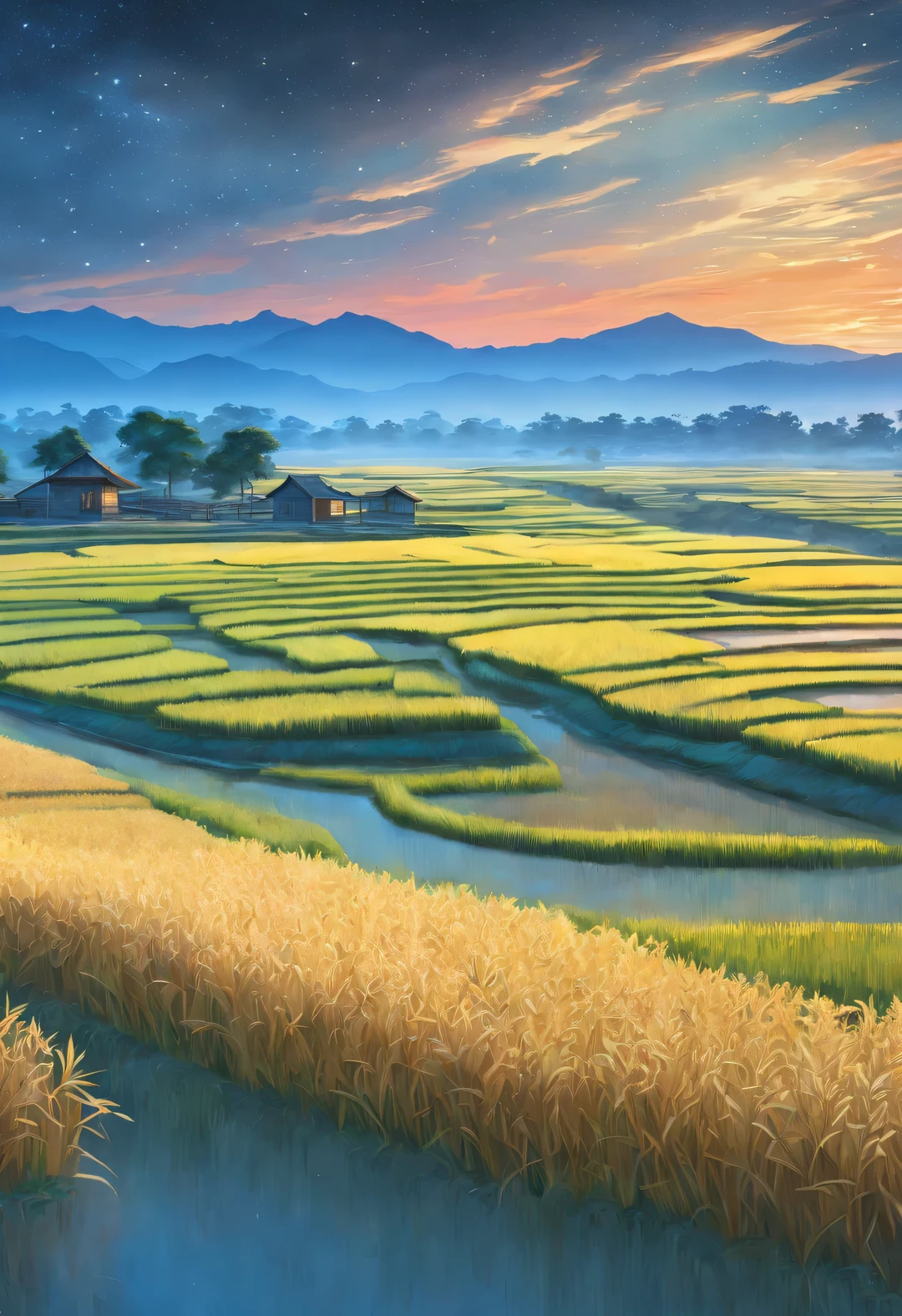 best quality, 8k, High quality, masterpiece: 1.2, Super fine, realism: 1.37, double exposure,
(Endless rice fields and a  girl), blue sky, dreamy atmosphere, bright color palette, Vibrant shades, Impressionist brushstrokes, Subtle lighting effects, sunset on the horizon, Harmony between nature and sky, textured brushstrokes, Abundant and vibrant crops, dusk atmosphere, Tranquil pastoral scenery, Shining stars light up the night, create tranquility、Picturesque setting, Inspired by the style and techniques of Van Gogh. Sublime and atmospheric depiction, ethereal beauty, Fascinating celestial phenomenon,