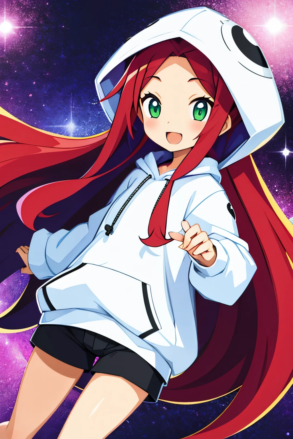 , young, gentle smile, wide eyes, open mouth, flushed cheeks, long flowing hair, bright red hair, bright green eyes, white pupils, slightly white skin, innerwear, shorts, hoodie