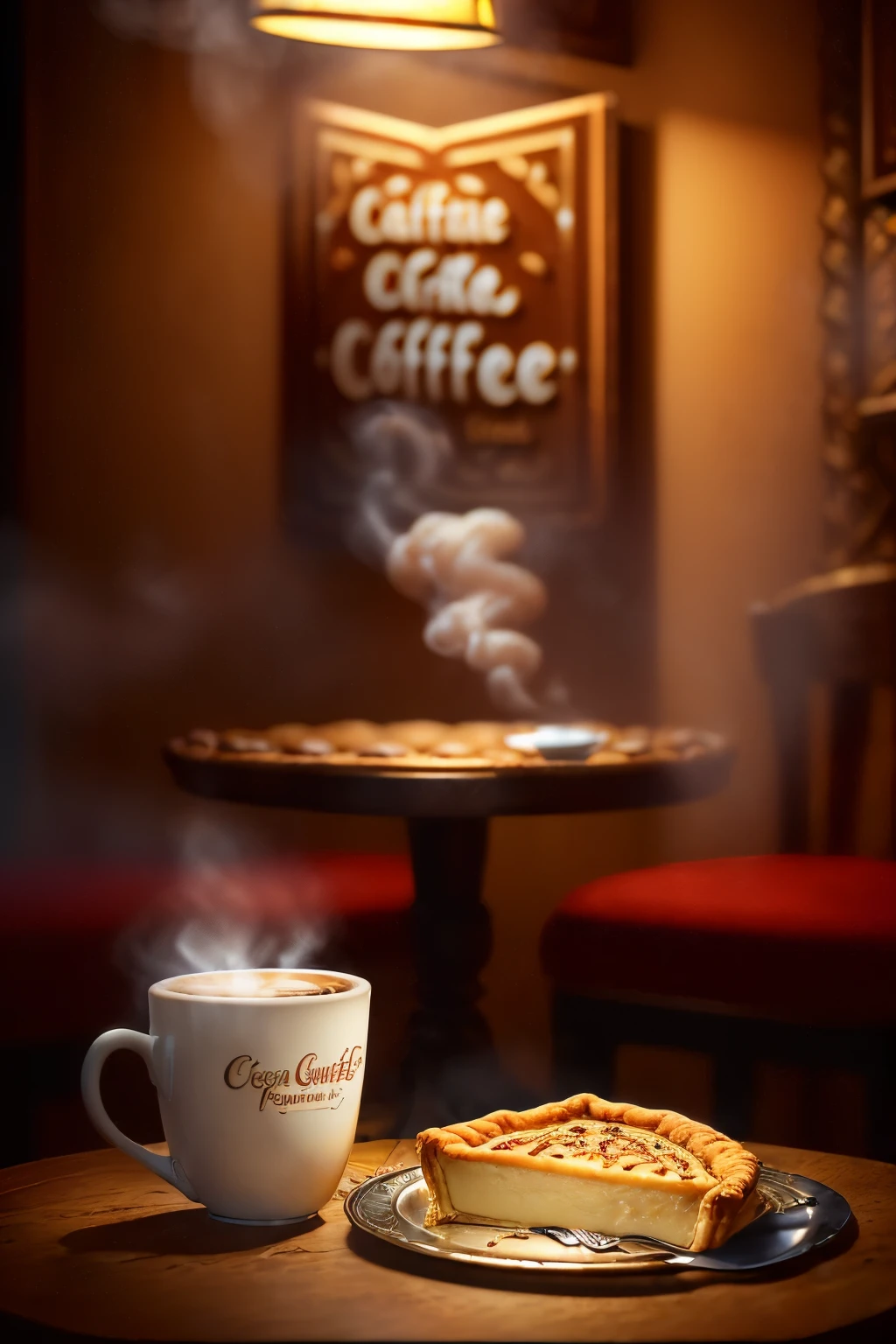 ((Megasignal), (hyper realistic), 3D rendering, 8k, ultra-detailed, A captivating scene of a cozy cafe setting. The table is adorned with a luxurious decorated tray, holding a delectable slice of savory pie. The pie's golden crust glistens under the soft glow of a nearby lamp, inviting appetites. A steaming cup of coffee sits next to the pie, its rich aroma wafting through the air. The sign above the table reads "Classic Coffee" in a charming handwritten typography, adding a nostalgic feel to the scene. The various details such as the intricate texture of the pie