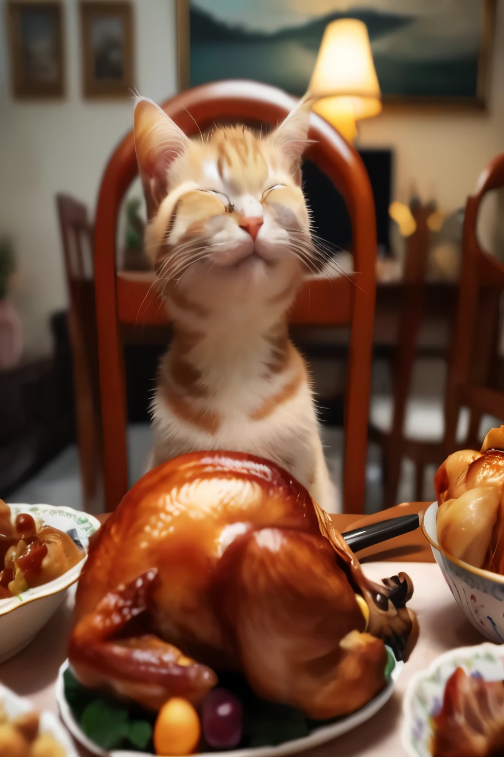 (best quality,4k,8k,highres,masterpiece:1.2),ultra-detailed,(realistic,photorealistic,photo-realistic:1.37),cat,turkey,sitting at the table,purring,cat holding a plate of fish,cat eating,cat on the table,smiling cat,happy cat,ready to eat,surreal,cat and turkey hybrid,duck sitting by the table,a joyful scene,dinner is ready,holiday