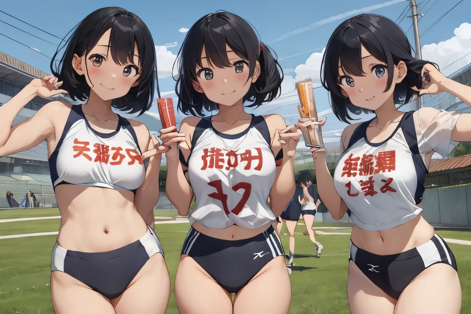 incredibly cute girl, rikujou, multiple girl star pieceaster piece, highest quality)), , Big breasts that are about to burst, small breasts, Group photo