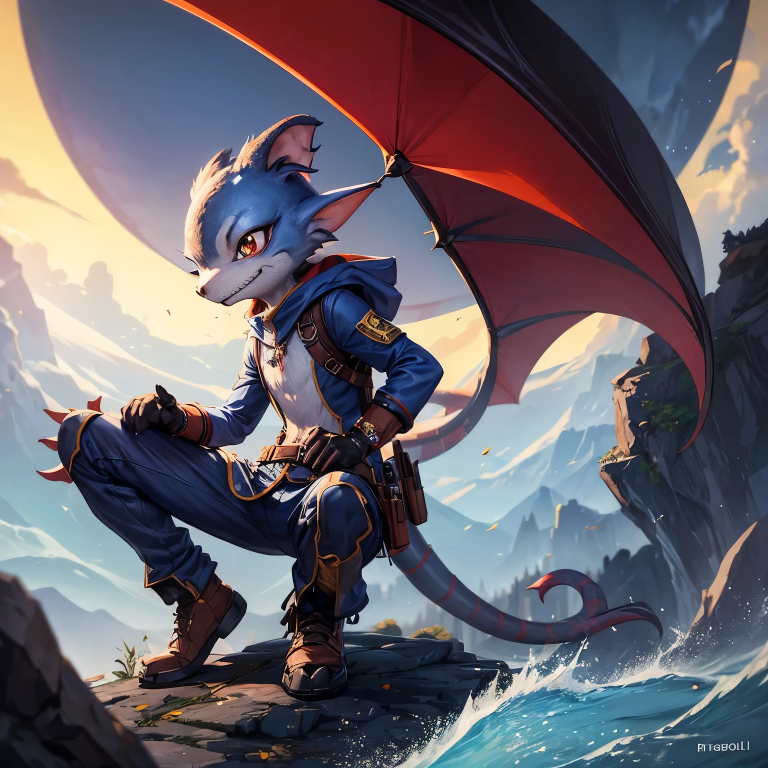 (((Kobold)), (detailed kobold)), wearing engineering coat and pants, kobold tail, draconic fully scaled, blue scales, side view, looking around with a smile, blush, holding a two-handed rifle, perspective, finely detailed paws, adventure backpack, vials, narrow face, cute, androgynous, solo, no ears, fantasy,