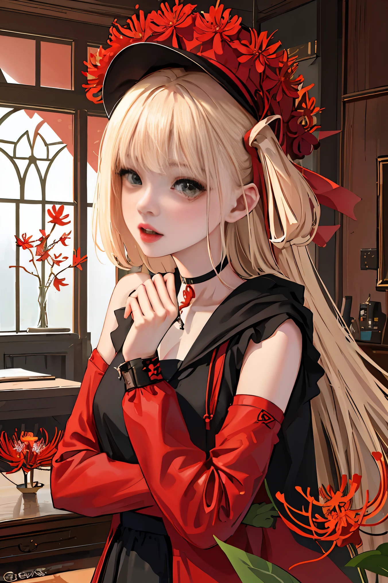 (Fine, beautiful eyes and detailed face)、cinematlic lighting、bustshot、Highly detailed CG Unity 8K wallpaper、(top-quality、hight resolution、8K、​masterpiece:1.2)。Curvaceous but slender、Muchimuchi Body、Red spider lily field、Red modal lilies are blooming all around、Red Spider Lily、Grinning Woman、Red spider lily sits in the middle of blooming。With a somewhat horror look、Eight teeth are characteristic。Wear bloody clothes、Has an ax。Crazy looks and the gap between her and Red Spider Lily、Further enhance her beauty。Half-garment hoodie、accessorized、Mole、eyebrows、double tooth、canine teeth、poneyTail、Muscular nose、Clear, Detailed green eyes、blondehair、Hats、Uniforms、red blush、short-haired、a choker、fleshy lips、Physical beauty、well-muscled、Raise headband bangs、Oforehead、Mysterious fashion、Street fashion、Anime style、animesque、Oversized trousers、Unreal、Fashion based on green and black、Backgrounds with depth、The background is a field of bright red lilies、10,000 Red Spider Lily。a necklace、Braceletisanga、arm band、colorful backdrop、Light and Wall Co-star、Little black cat clinging to his shoulder、Original face、(dark themed:1.3)、Dark Fantasy、With a red spider lily in her mouth、