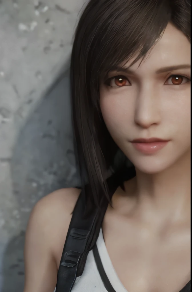 (masterpiece), (Highest image quality), 8K resolution, Super detailed, Super detailed, realism, realism,Tifa Lockhart、,short hair、dark brown hair、cool pose、Detailed beautiful eyes、Bust B Cup、、Slender body type、concrete wall、metal pipes
