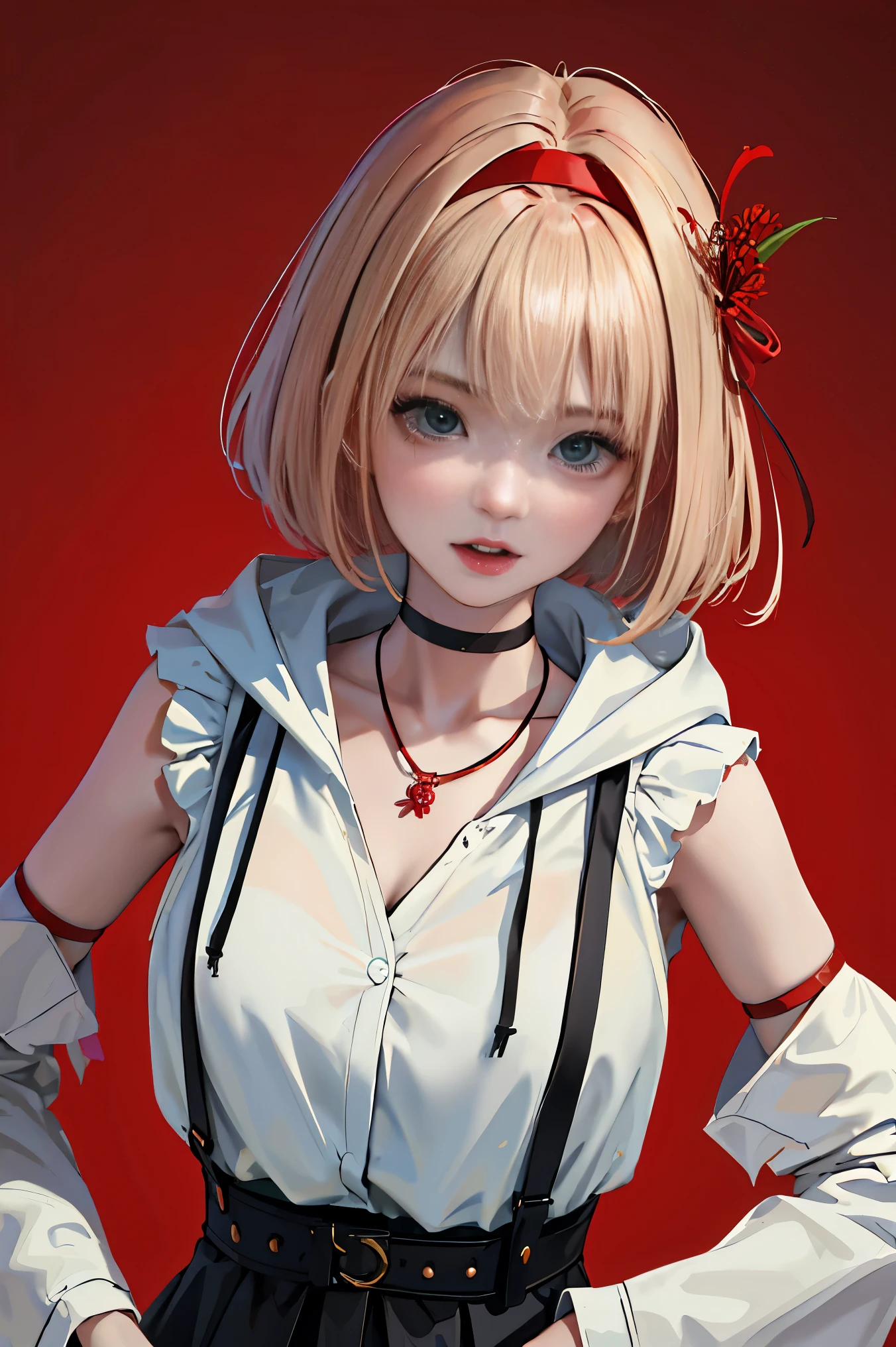 (Fine, beautiful eyes and detailed face)、cinematlic lighting、bustshot、Highly detailed CG Unity 8K wallpaper、(top-quality、hight resolution、8K、masterpiece:1.2)。Curvaceous but slender、Muchimuchi Body、Red spider lily field、Red modal lilies are blooming all around、Red Spider Lily、Grinning Woman、Red spider lily sits in the middle of blooming。With a somewhat horror look、Eight teeth are characteristic。Wear bloody clothes、Has an ax。Crazy looks and the gap between her and Red Spider Lily、Further enhance her beauty。Half-garment hoodie、accessorized、Mole、eyebrows、double tooth、canine teeth、poneyTail、Muscular nose、Clear, Detailed green eyes、blondehair、Hats、Uniforms、red blush、short-haired、a choker、fleshy lips、Physical beauty、well-muscled、Raise headband bangs、Oforehead、Mysterious fashion、Street fashion、Anime style、animesque、Oversized trousers、Unreal、Fashion based on green and black、Backgrounds with depth、The background is a field of bright red lilies、10,000 Red Spider Lily。a necklace、Braceletisanga、arm band、colorful backdrop、Light and Wall Co-star、Little black cat clinging to his shoulder、Original face、(dark themed:1.3)、Dark Fantasy、With a red spider lily in her mouth、