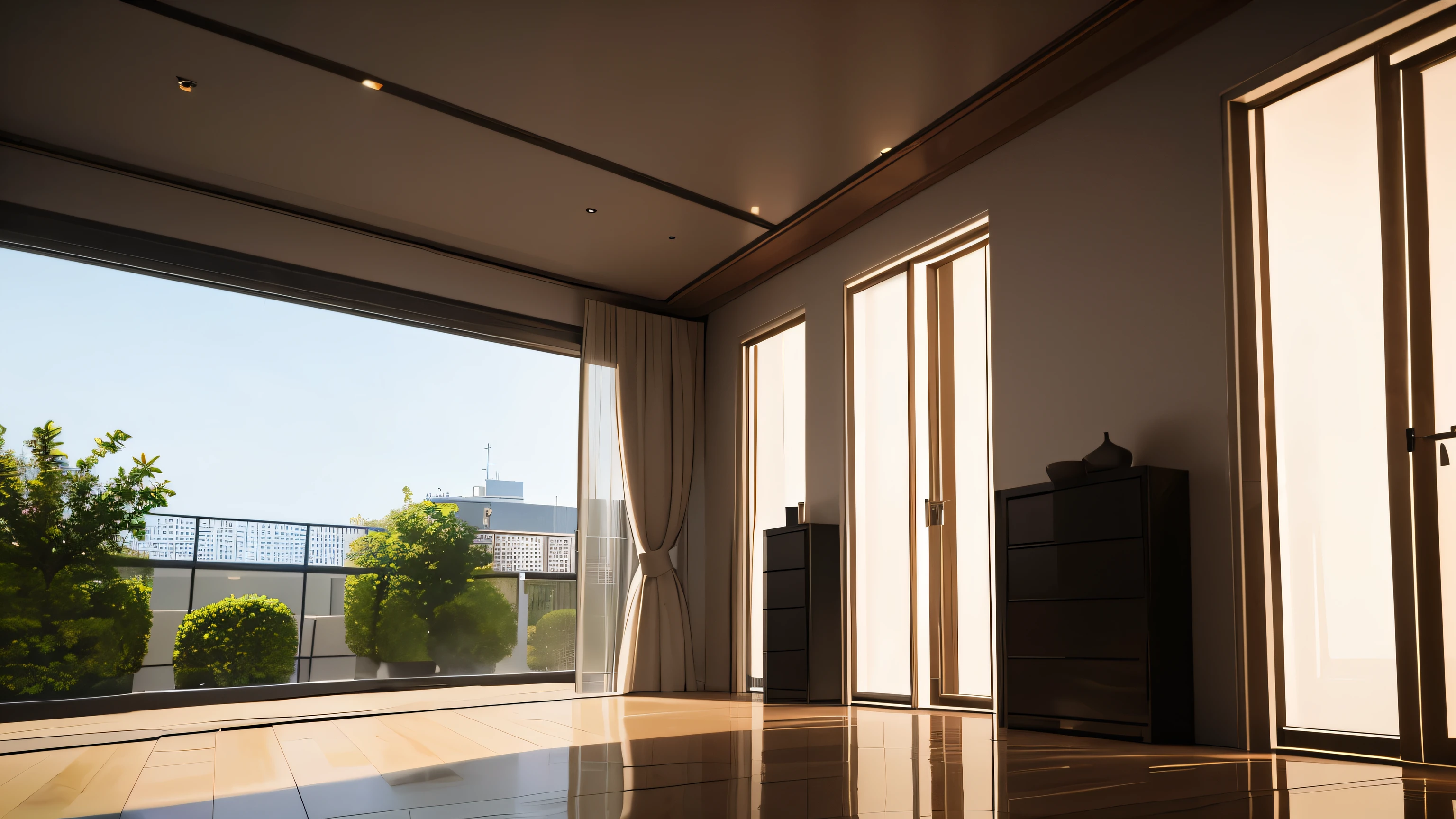 you are a famous interior designer、I was asked to create a 3D image of a large modern room.。. Create a harmonious environment with modern and minimalist furniture. Including garden interior.