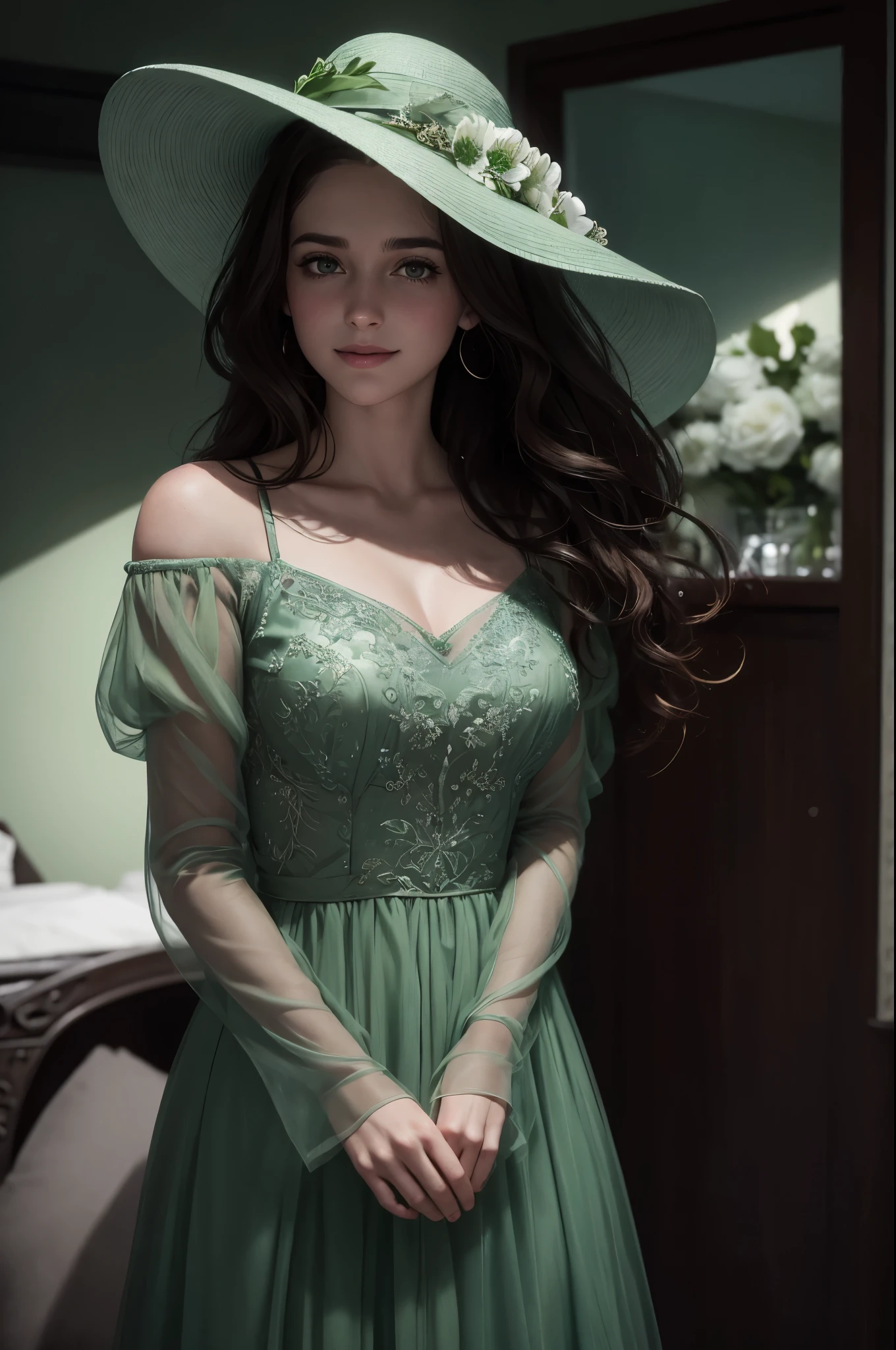 Margaret "Maggie" Johnson: Maggie is a young woman with wavy brown hair., olhos verdes brilhantes e sardas delicadas espalhadas pelo nariz e bochechas. Ela tem um sorriso caloroso e acolhedor, always wearing flowery dresses and an elegant hat.