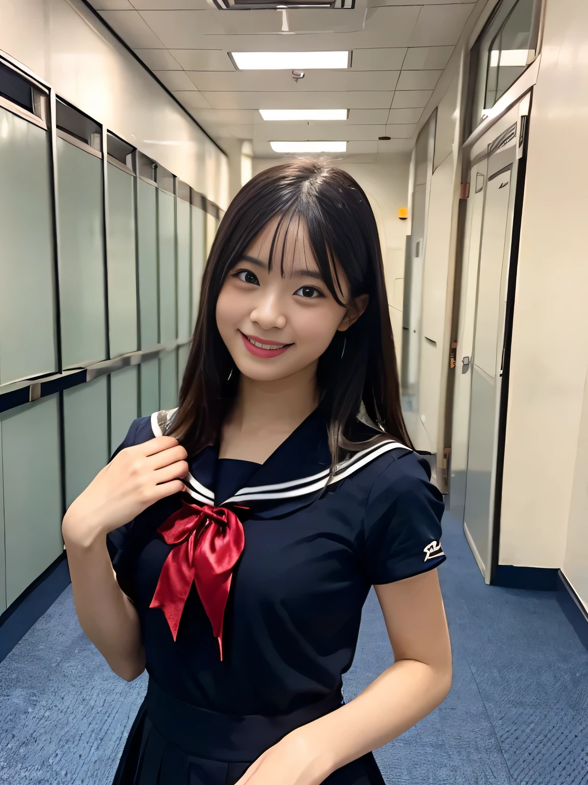 super highest quality, Japanese, genuine、open your mouth and smile, small face、dark makeup、eyeliner、Mr..々hairstyle, girl, , whole body, Many students in the background、high school,sailor suit、navy blue skirt, daytime,Shot in the hallway of a school、enjoy、jump up and down、cute, beauty, big breasts、