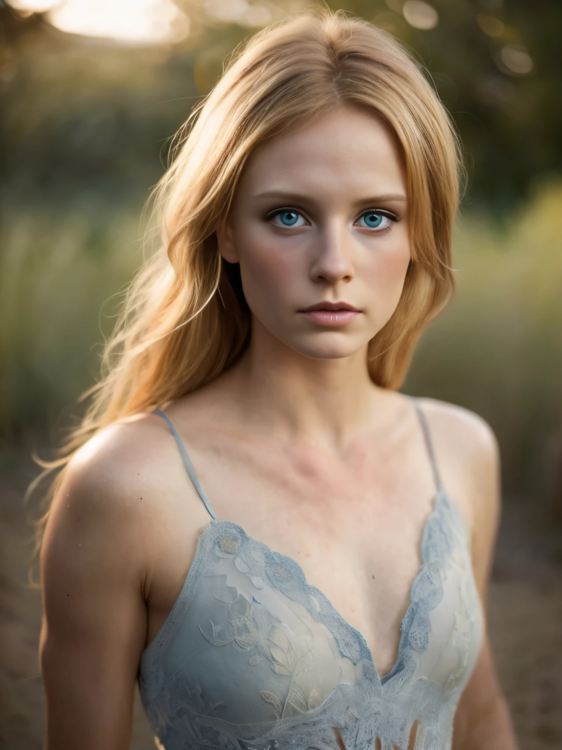 (Realistic:1.2), Photorealistic, highly detailed, analog photo, depth of field, full-body image of woman with blue eyes and freckles. she has pale, sunkissed skin. Cute sexy. She is wearing only in a very long waist length hair. Detailed face and eyes