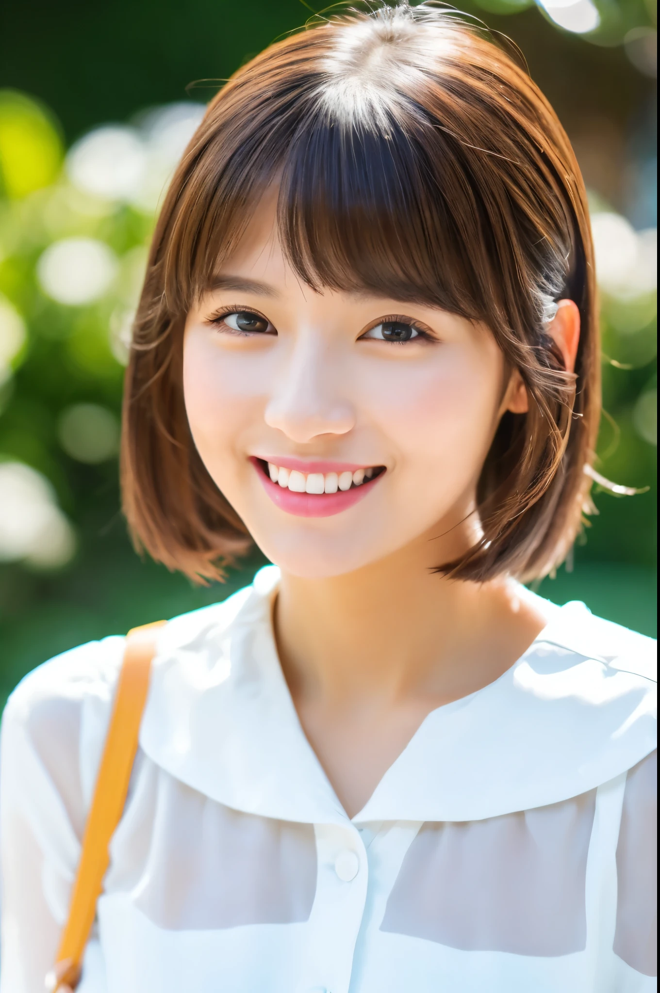 masterpiece , highest quality , super detailed , 8k , cute woman , 1 girl , , bangs , smile , symmetrical eyes ,wearing a coat, in the snow, clear facial features,