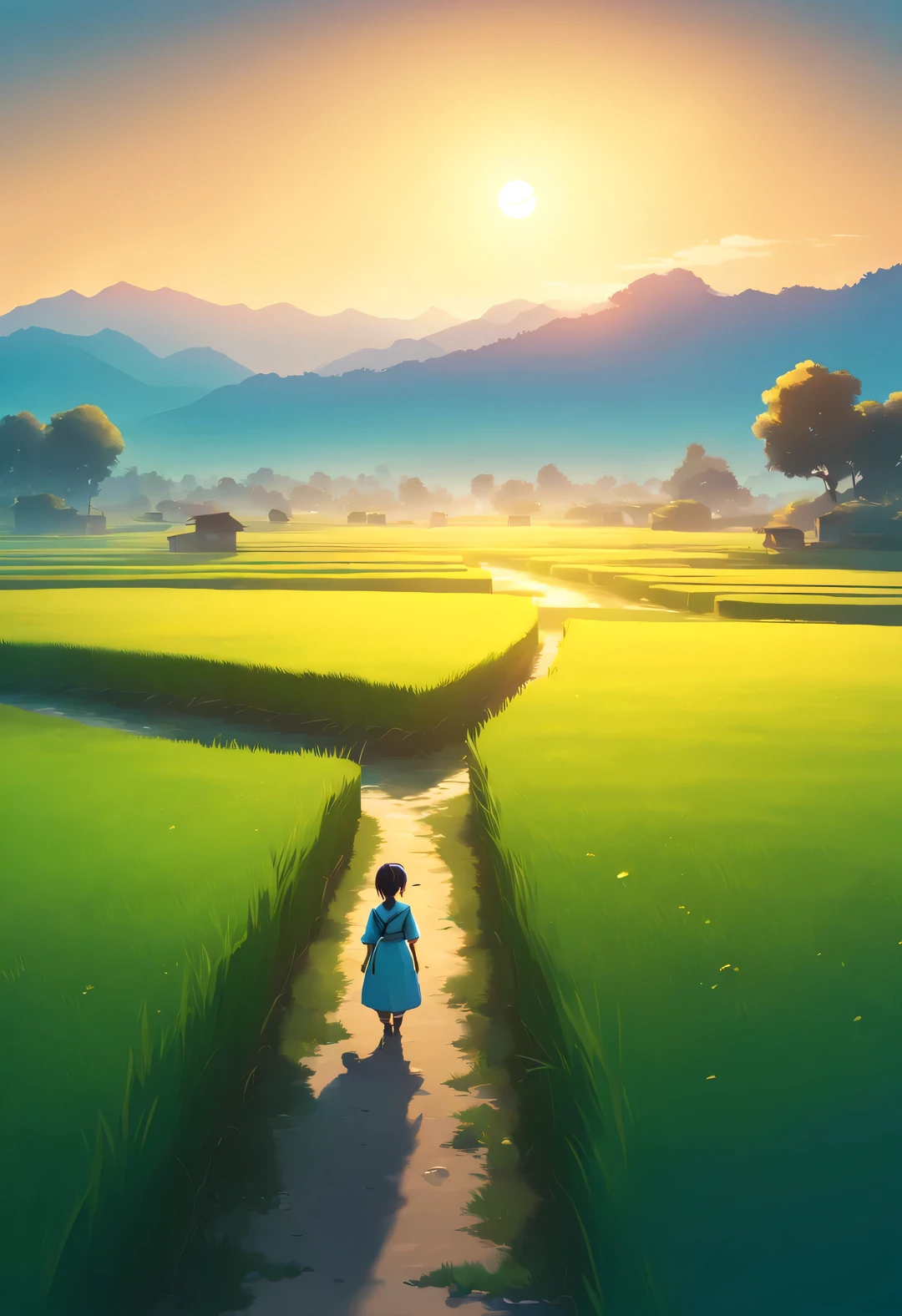 best quality, 4k, 8k, high level, masterpiece: 1.2, Super detailed, actual: 1.37, (Endless rice fields), a little girl ，double contact，blue sky, dreamy atmosphere, bright color palette, Vibrant shades, Impressionist brushstrokes, Subtle lighting effects ， sunset on the horizon, Peaceful and tranquil atmosphere, Harmony between nature and sky, textured brushstrokes, Abundant and vibrant crops, dusk atmosphere, Tranquil pastoral scenery, Glowing stars light up the night, creating a Peaceful and tranquil atmosphere, Peaceful and picturesque setting, Inspired by the style and techniques of Van Gogh. Sublime and atmospheric depiction, ethereal beauty, and fascinating celestial phenomena,