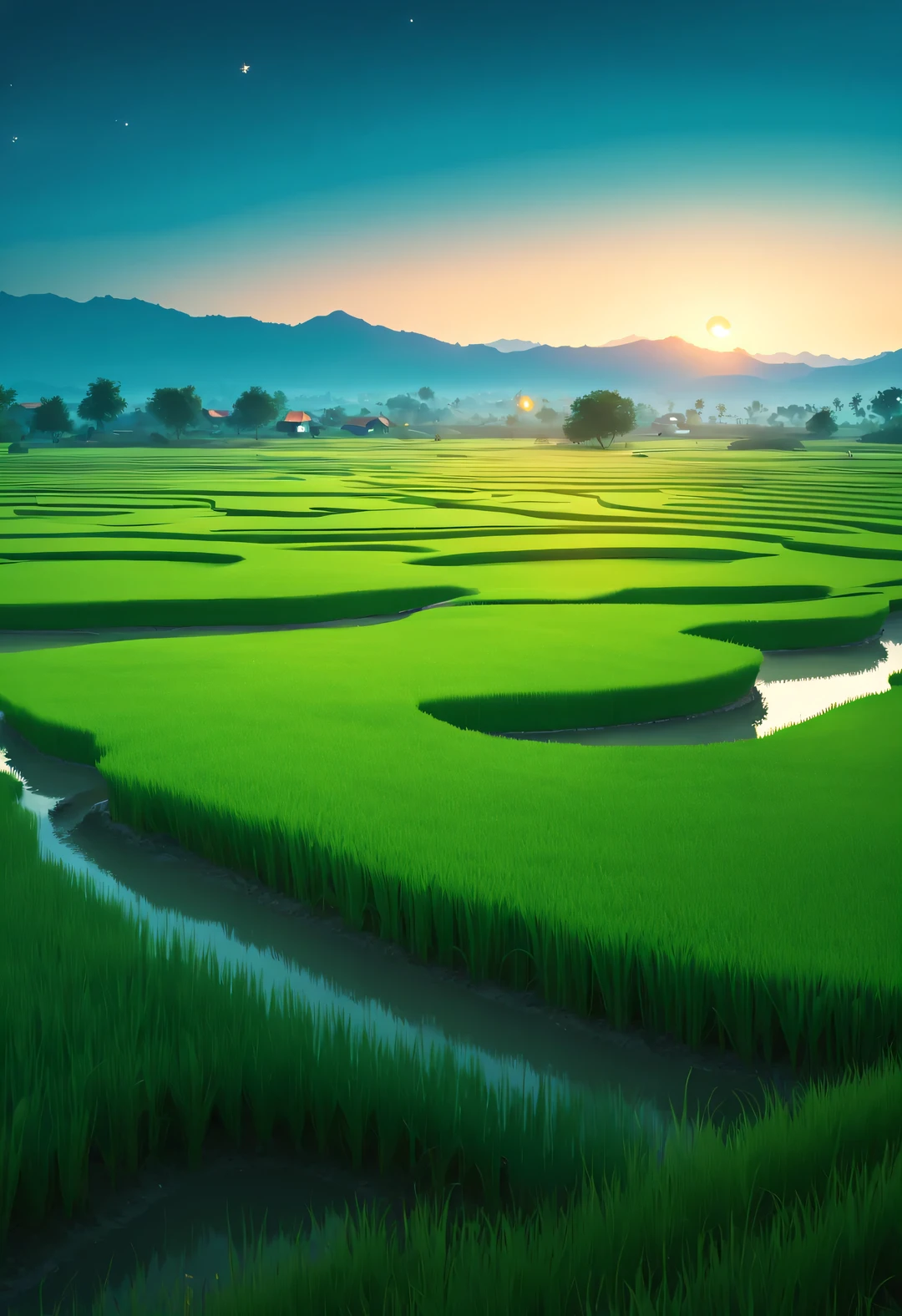 best quality, 4k, 8k, high level, masterpiece: 1.2, Super detailed, actual: 1.37, (Endless rice fields), a little girl ，double contact，blue sky, dreamy atmosphere, bright color palette, Vibrant shades, Impressionist brushstrokes, Subtle lighting effects ， sunset on the horizon, Peaceful and tranquil atmosphere, Harmony between nature and sky, textured brushstrokes, Abundant and vibrant crops, dusk atmosphere, Tranquil pastoral scenery, Glowing stars light up the night, creating a Peaceful and tranquil atmosphere, Peaceful and picturesque setting, Inspired by the style and techniques of Van Gogh. Sublime and atmospheric depiction, ethereal beauty, and fascinating celestial phenomena,