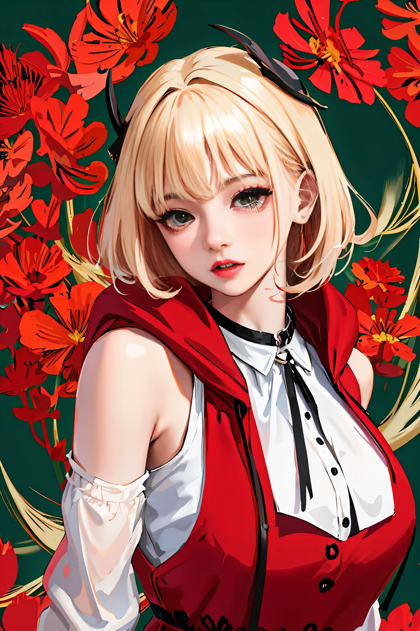 (Fine, beautiful eyes and detailed face)、cinematlic lighting、bustshot、Highly detailed CG Unity 8K wallpaper、(top-quality、hight resolution、8K、masterpiece:1.2)。Curvaceous but slender、Muchimuchi Body、Red spider lily field、Red modal lilies are blooming all around、Red Spider Lily、Grinning Woman、Red spider lily sits in the middle of blooming。With a somewhat horror look、Eight teeth are characteristic。Wear bloody clothes、Has an ax。Crazy looks and the gap between her and Red Spider Lily、Further enhance her beauty。Half-garment hoodie、accessorized、Mole、eyebrows、double tooth、canine teeth、poneyTail、Muscular nose、Clear, Detailed green eyes、blondehair、Hats、Uniforms、red blush、short-haired、a choker、fleshy lips、Physical beauty、well-muscled、Raise headband bangs、Oforehead、Mysterious fashion、Street fashion、Anime style、animesque、Oversized trousers、Unreal、Fashion based on green and black、Backgrounds with depth、The background is a field of bright red lilies、10,000 Red Spider Lily。a necklace、Braceletisanga、arm band、colorful backdrop、Light and Wall Co-star、Little black cat clinging to his shoulder、Original face、(dark themed:1.3)、Dark Fantasy、With a red spider lily in her mouth、