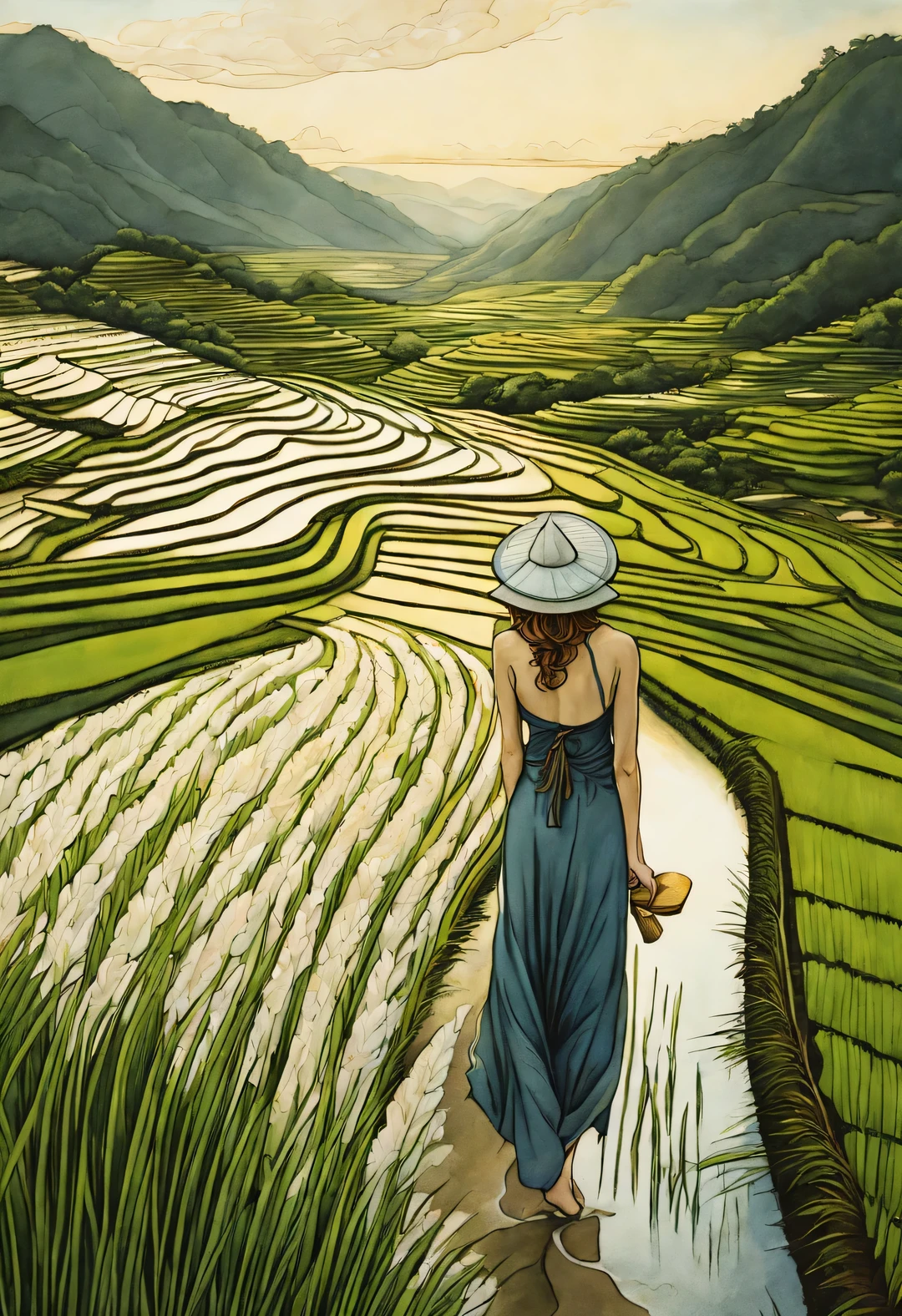 Kelly McKernan style, Beautiful details of rice fields, Focus sharp