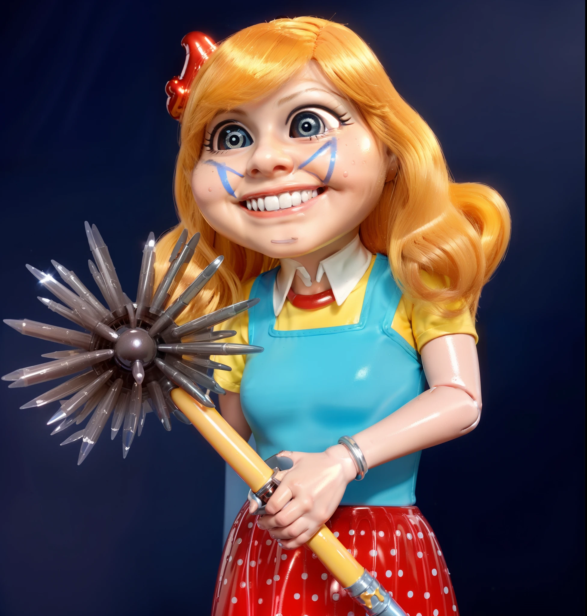 cartoon doll girl with a mace in her hand, doll, game character, videogame character, creepy doll, large creepy smile, doll with creepy smile and red eyes, insane, she ia holding death star mace in hand, doll toy, glossy texture, smooth 3d model, multiple light sources, rim light, sharp post effects render, (glossy plastic texture with multiple big light probe refractions), perfect cgi, smooth silhouette, high intensity refraction, (super glossy material), most beautiful vfx, blue background, plastic refractions, realistic, 4k, high resolution, rim light