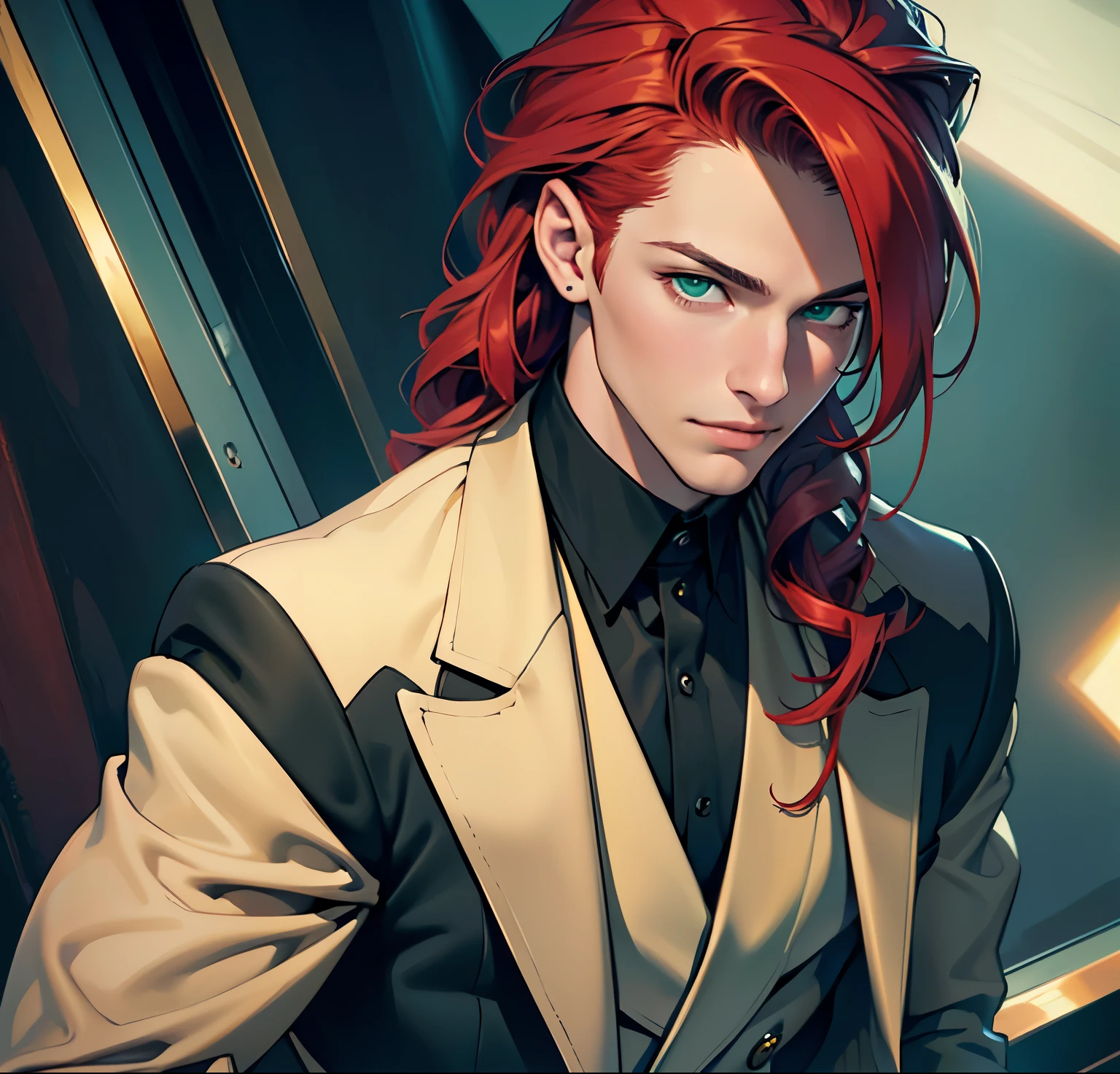 (realistic: 1.37, best quality, 4k, 8k, high resolution, masterpiece: 1.2), ultra-detailed, male, a young man with fair skin, medium red hair, dressed in elegant suit outfit with straight hair. anatomically correct. Green eyes, age of sixteen.