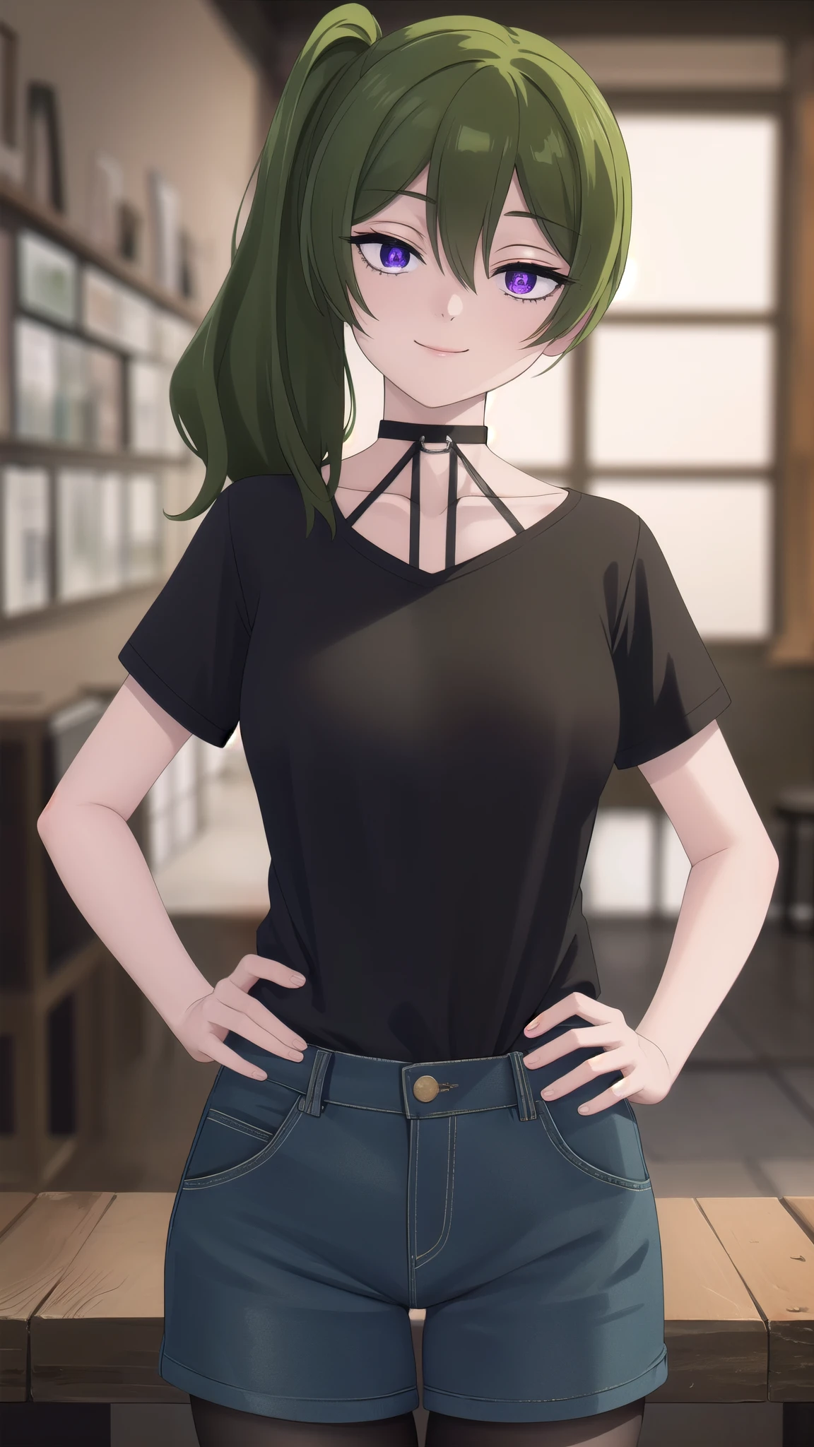 (masterpiece), best quality, high resolution, extremely detailed, detailed background, perfect lighting,ubel, medium hair, hair between eyes, green hair, side ponytail, (purple eyes:1.1), (t-shirt:1.5), denim shorts, pantyhose, collarbone, light smile, joyful eyes, cute pose, BREAK indoors, hot springs, BREAK looking at viewer, (cowboy shot:1.5), BREAK, (masterpiece:1.2), best quality, high resolution, unity 8k wallpaper, (illustration:0.8), (beautiful detailed eyes:1.6), extremely detailed face, perfect lighting, extremely detailed CG, (perfect hands, perfect anatomy), solo, hands on own hips,