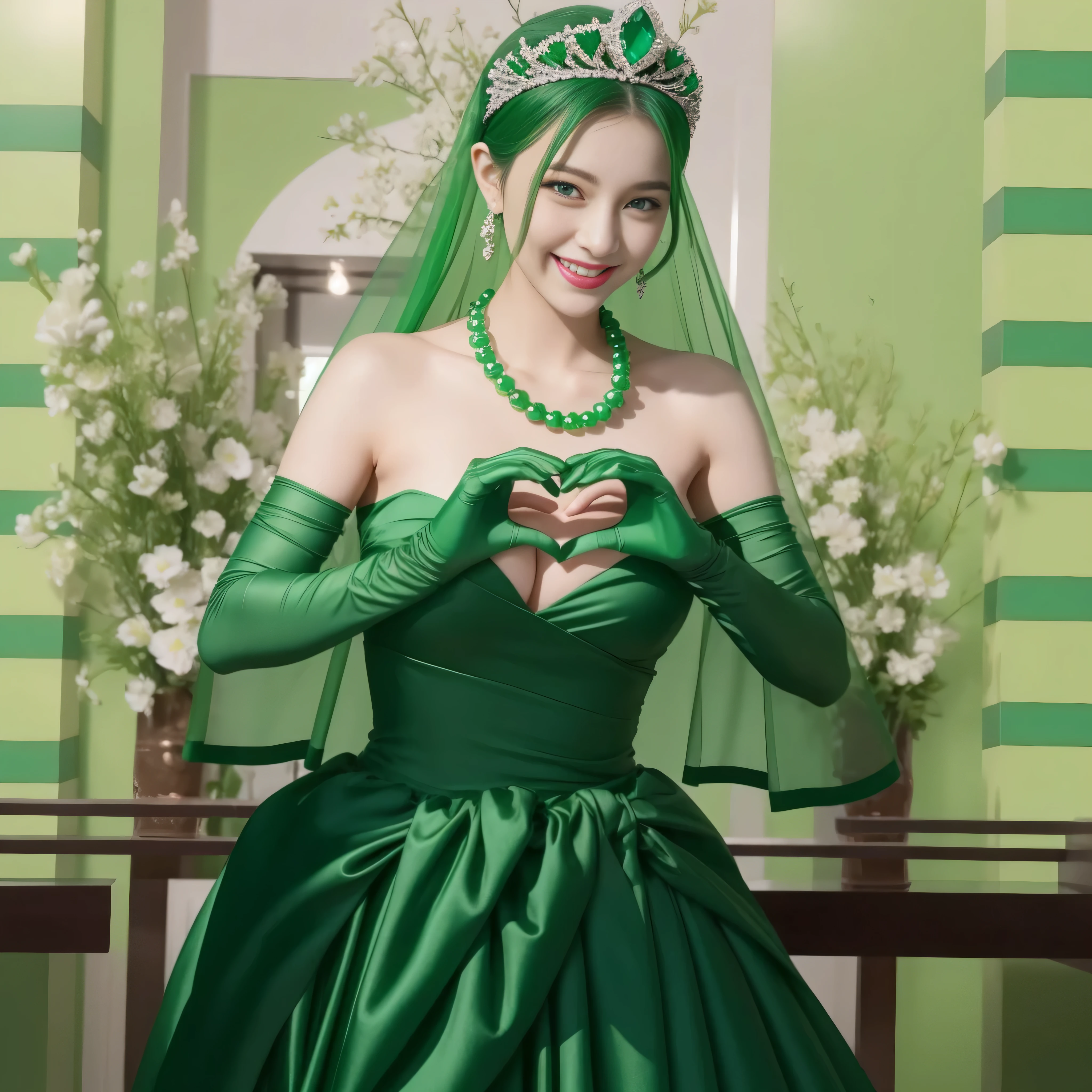 emerald tiara, Green Pearl Necklace, ボーイッシュな非常に短いgreen hair, lipstick, smiling Japanese woman, very short hair, beauty of big breasts, green eyes, green satin long gloves, green eyes, emerald earrings, Green veil, Heart with both hands, green hair, beautiful japanese woman, heart shaped hands:1.3, green lip gloss