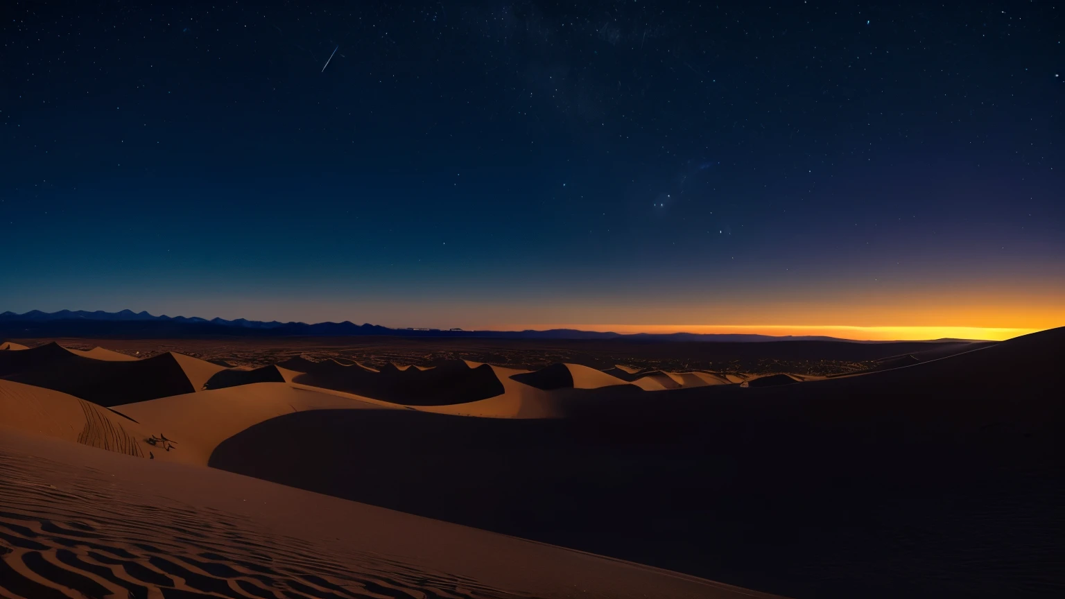 Nighttime Desert Landscape: The quiet expanse of a desert bathed in moonlight, with silhouettes of cacti and sand dunes.