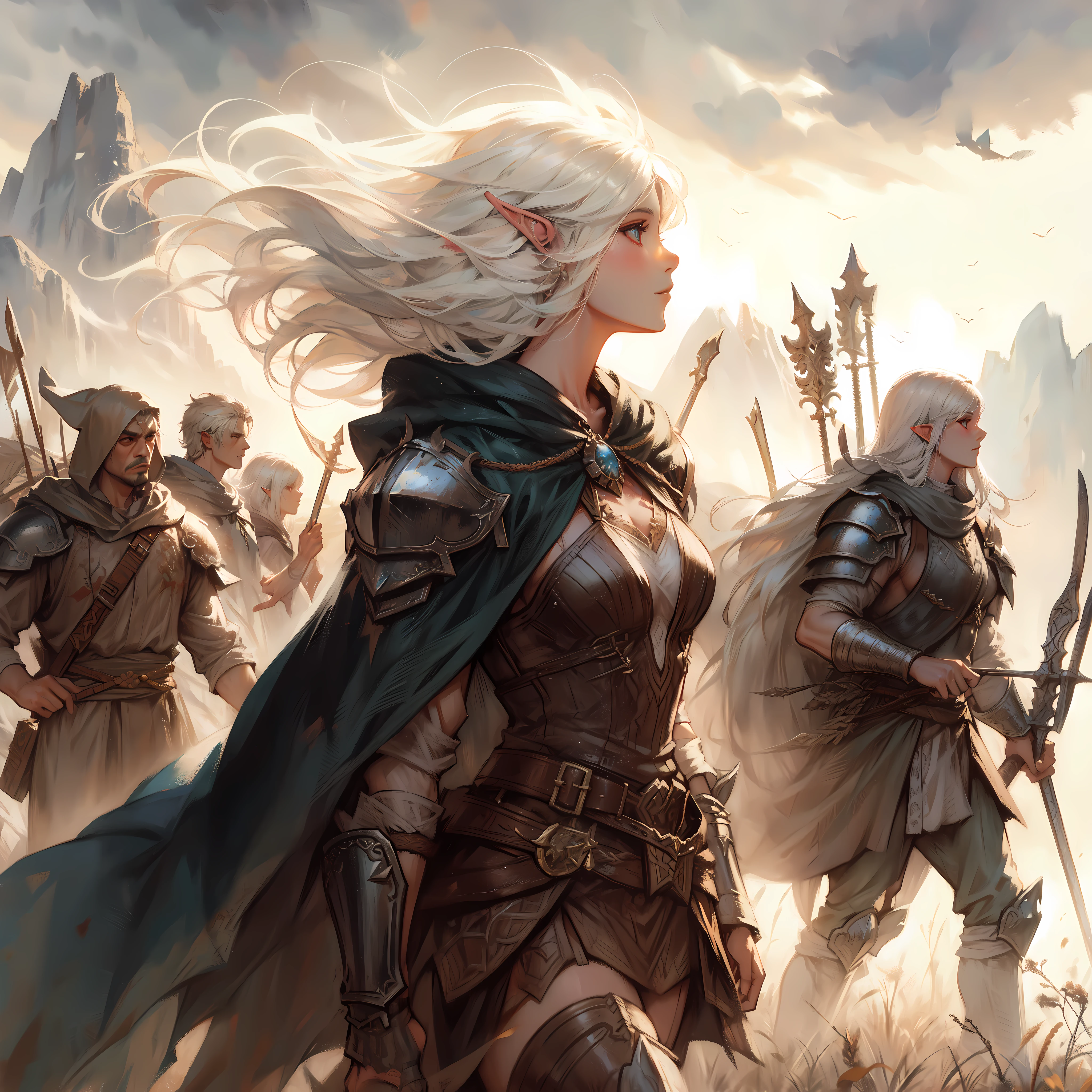 an white haired elf female barbarian warrior, traveling through distant lands, with party adventure team, wilderness outside civilization, hazy nostalgic, Hayao Miyazaki, Clyde Caldwell, frank frazetta, Cinematic Dramatic atmosphere, watercolor painting, Cinematic lighting.