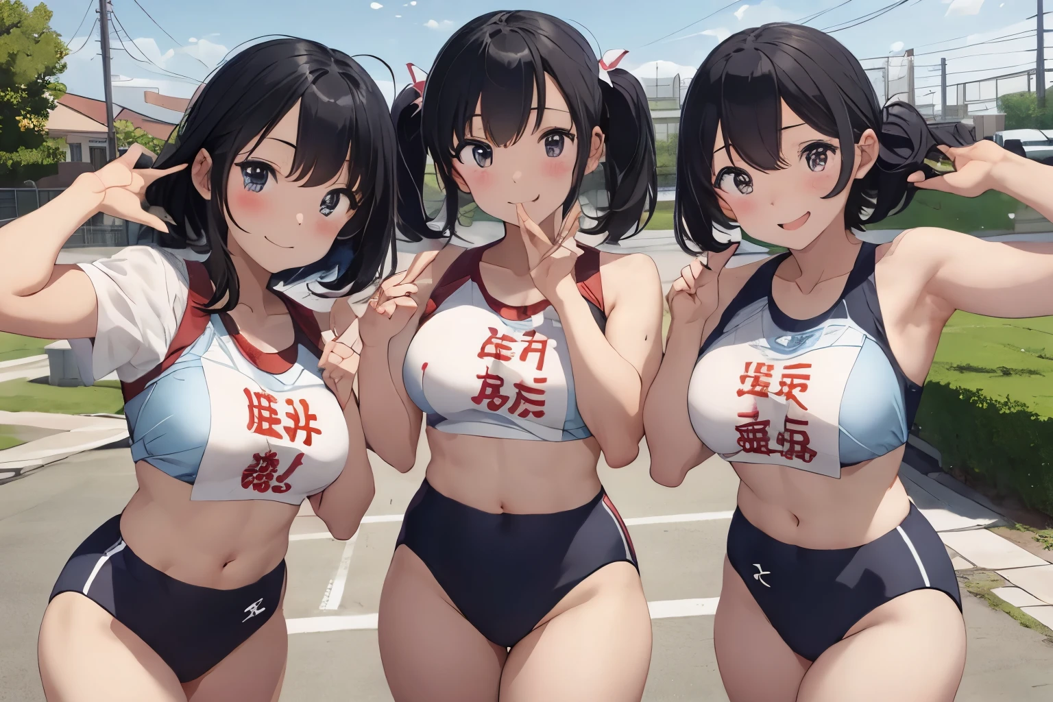incredibly cute girl, rikujou, multiple girl star pieceaster piece, highest quality)), , Big breasts that are about to burst, small breasts, Group photo, A sparkling smile