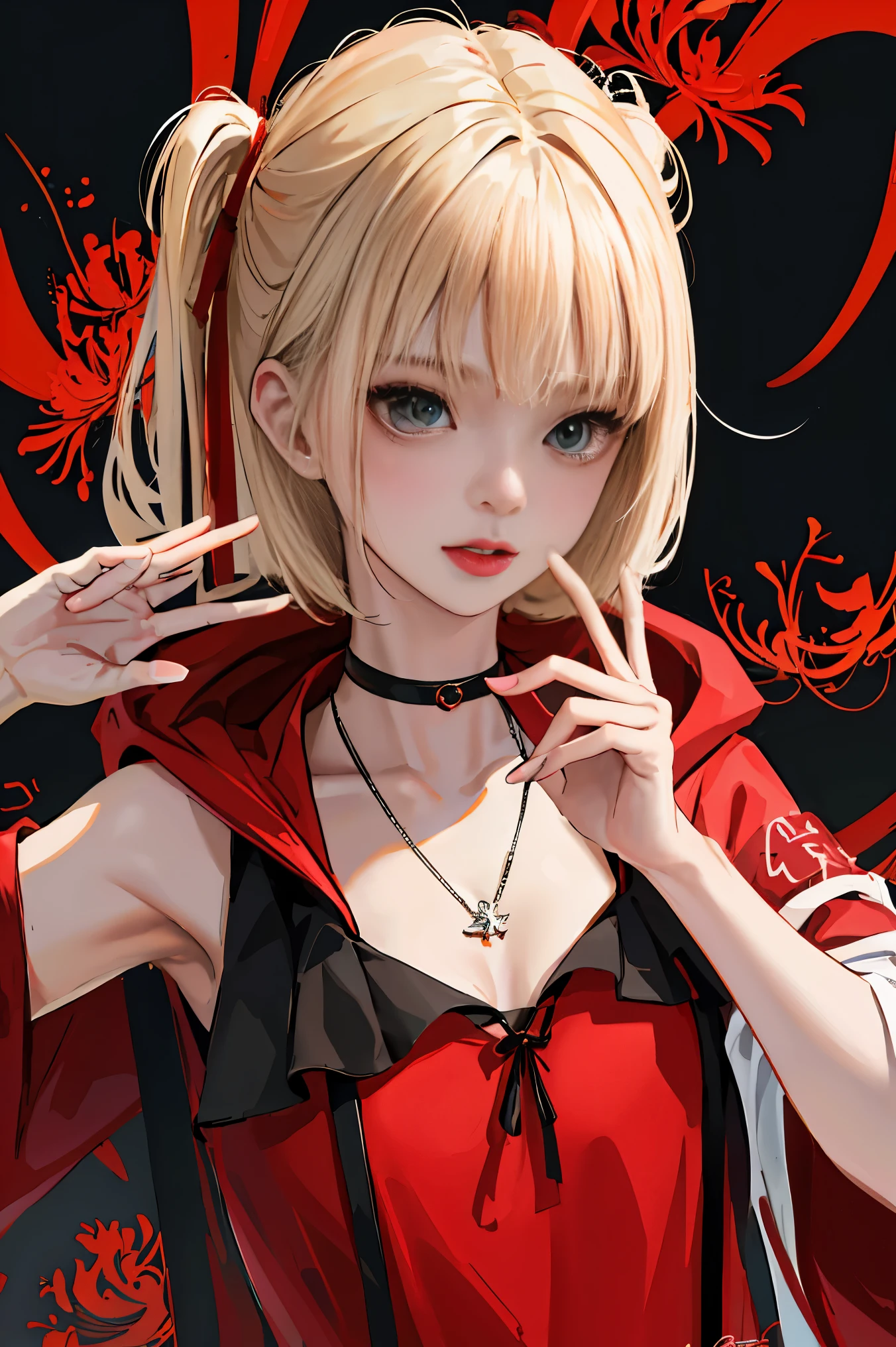 (Fine, beautiful eyes and detailed face)、cinematlic lighting、bustshot、Highly detailed CG Unity 8K wallpaper、(top-quality、hight resolution、8K、masterpiece:1.2)。Curvaceous but slender、Muchimuchi Body、Red spider lily field、Red modal lilies are blooming all around、Red Spider Lily、Grinning Woman、Red spider lily sits in the middle of blooming。With a somewhat horror look、Eight teeth are characteristic。Wear bloody clothes、Has an ax。Crazy looks and the gap between her and Red Spider Lily、Further enhance her beauty。Half-garment hoodie、accessorized、Mole、eyebrows、double tooth、canine teeth、poneyTail、Muscular nose、Clear, Detailed green eyes、blondehair、Hats、Uniforms、red blush、short-haired、a choker、fleshy lips、Physical beauty、well-muscled、Raise headband bangs、Oforehead、Mysterious fashion、Street fashion、Anime style、animesque、Oversized trousers、Unreal、Fashion based on green and black、Backgrounds with depth、The background is a field of bright red lilies、10,000 Red Spider Lily。a necklace、Braceletisanga、arm band、colorful backdrop、Light and Wall Co-star、Little black cat clinging to his shoulder、Original face、(dark themed:1.3)、Dark Fantasy、With a red spider lily in her mouth、