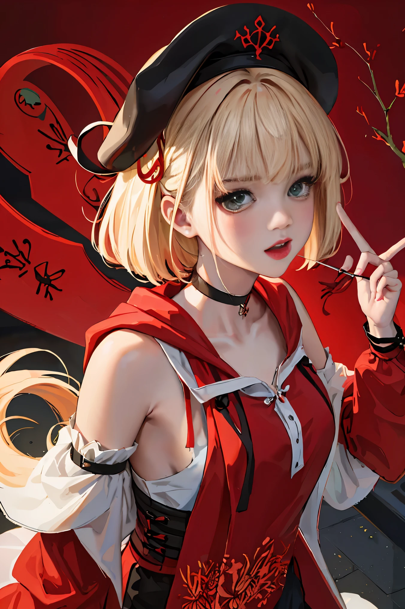 (Fine, beautiful eyes and detailed face)、cinematlic lighting、bustshot、Highly detailed CG Unity 8K wallpaper、(top-quality、hight resolution、8K、masterpiece:1.2)。Curvaceous but slender、Muchimuchi Body、Red spider lily field、Red modal lilies are blooming all around、Red Spider Lily、Grinning Woman、Red spider lily sits in the middle of blooming。With a somewhat horror look、Eight teeth are characteristic。Wear bloody clothes、Has an ax。Crazy looks and the gap between her and Red Spider Lily、Further enhance her beauty。Half-garment hoodie、accessorized、Mole、eyebrows、double tooth、canine teeth、poneyTail、Muscular nose、Clear, Detailed green eyes、blondehair、Hats、Uniforms、red blush、short-haired、a choker、fleshy lips、Physical beauty、well-muscled、Raise headband bangs、Oforehead、Mysterious fashion、Street fashion、Anime style、animesque、Oversized trousers、Unreal、Fashion based on green and black、Backgrounds with depth、The background is a field of bright red lilies、10,000 Red Spider Lily。a necklace、Braceletisanga、arm band、colorful backdrop、Light and Wall Co-star、Little black cat clinging to his shoulder、Original face、(dark themed:1.3)、Dark Fantasy、With a red spider lily in her mouth、