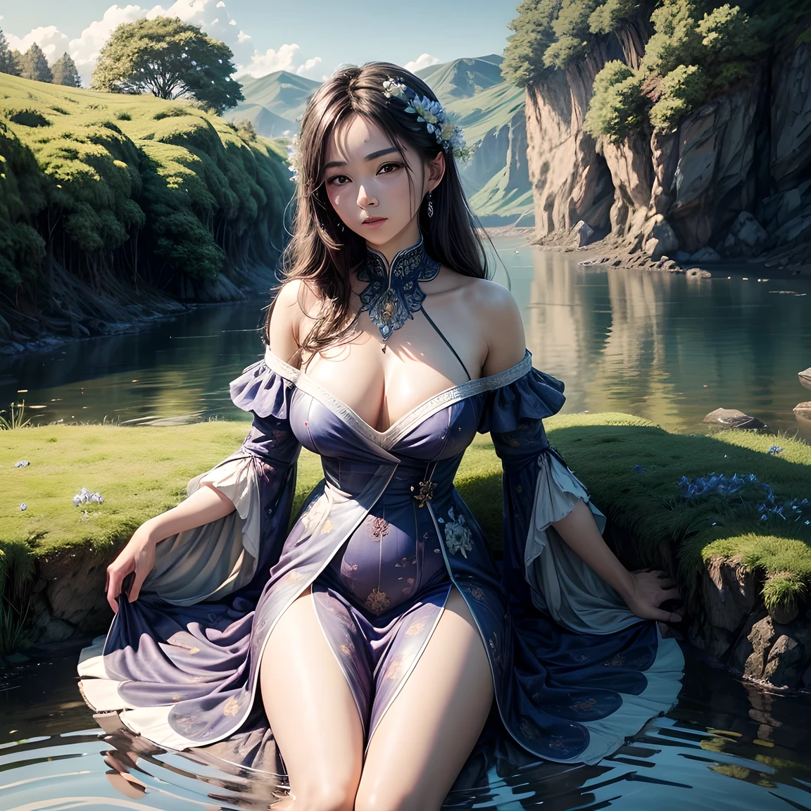 Masterpieces of landscape painting, Waterside with clusters of irises, blue sky, big ripples in the middle, break (more detailed), disorganized, 8k, Hmm, Rin々A bright and colorful world, deep い is written in the depth of the world, amazingly fine touch, taken with a movie camera