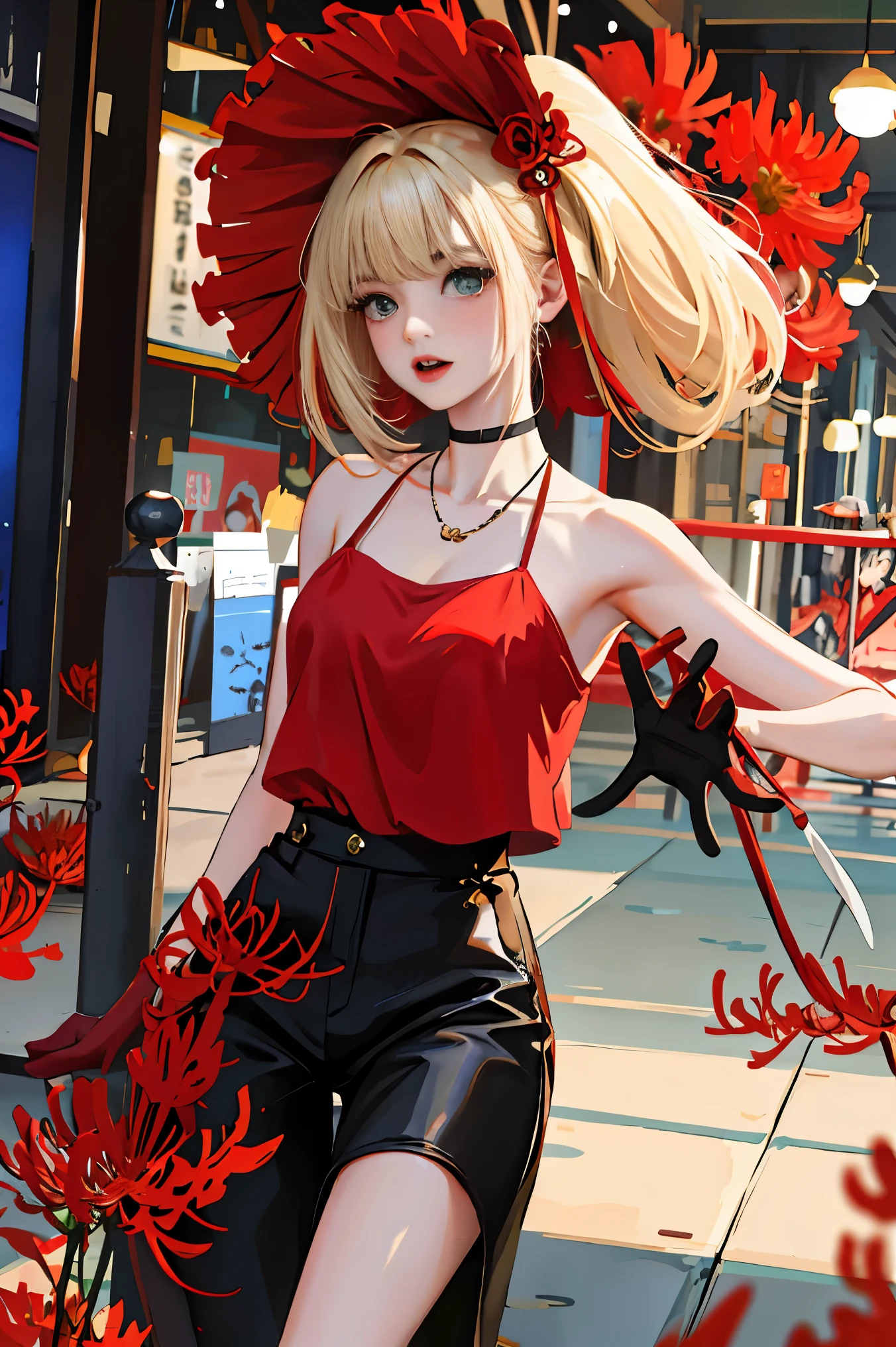 (Fine, beautiful eyes and detailed face)、cinematlic lighting、bustshot、Highly detailed CG Unity 8K wallpaper、(top-quality、hight resolution、8K、​masterpiece:1.2)。Curvaceous but slender、Muchimuchi Body、Red spider lily field、Red modal lilies are blooming all around、Red Spider Lily、Grinning Woman、Red spider lily sits in the middle of blooming。With a somewhat horror look、Eight teeth are characteristic。Wear bloody clothes、Has an ax。Crazy looks and the gap between her and Red Spider Lily、Further enhance her beauty。Half-garment hoodie、accessorized、Mole、eyebrows、double tooth、canine teeth、poneyTail、Muscular nose、Clear, Detailed green eyes、blondehair、Hats、Uniforms、red blush、short-haired、a choker、fleshy lips、Physical beauty、well-muscled、Raise headband bangs、Oforehead、Mysterious fashion、Street fashion、Anime style、animesque、Oversized trousers、Unreal、Fashion based on green and black、Backgrounds with depth、The background is a field of bright red lilies、10,000 Red Spider Lily。a necklace、Braceletisanga、arm band、colorful backdrop、Light and Wall Co-star、Little black cat clinging to his shoulder、Original face、(dark themed:1.3)、Dark Fantasy、With a red spider lily in her mouth、