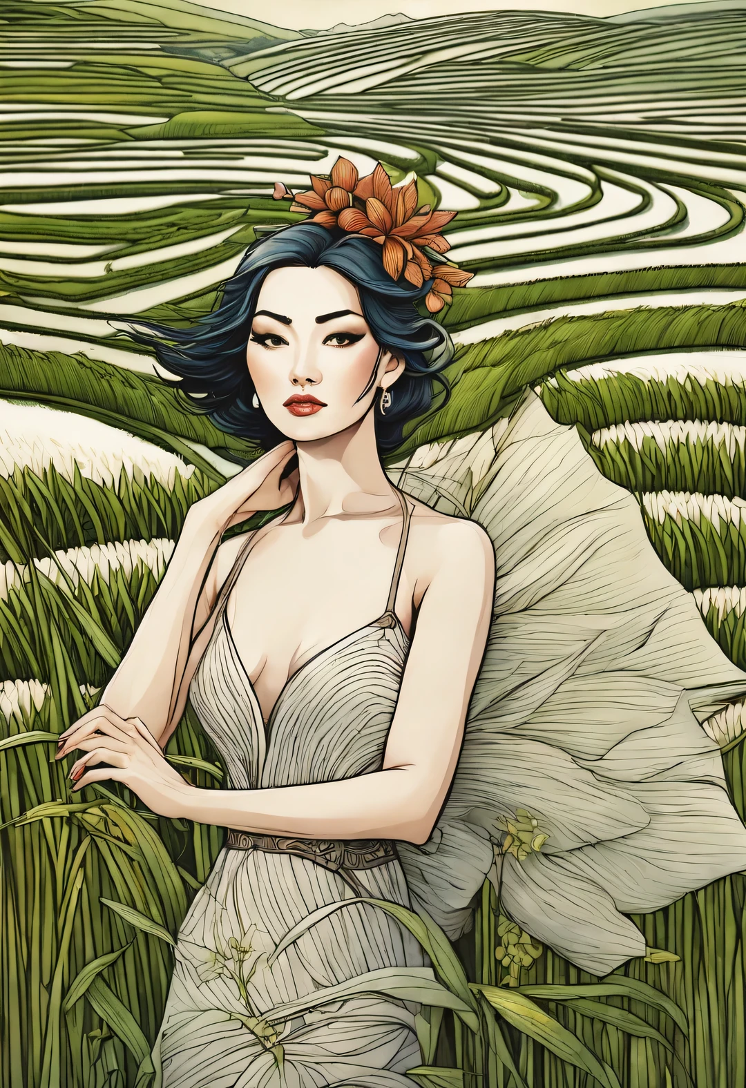 Kelly McKernan style, Beautiful details of rice fields, Focus sharp
